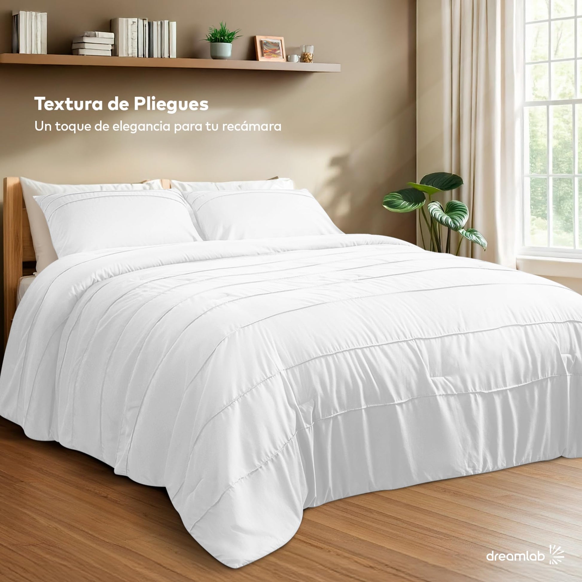 Dreamlab Juego Edredón Acolchado Reversible, Plisado, Ultra Suave, Hipoalergénico, Incluye 2 Fundas de Almohada, Ideal para Todo el Año. Set 2 Pzas, Tamaño King Sobredimensionado 285x238cm, Blanco