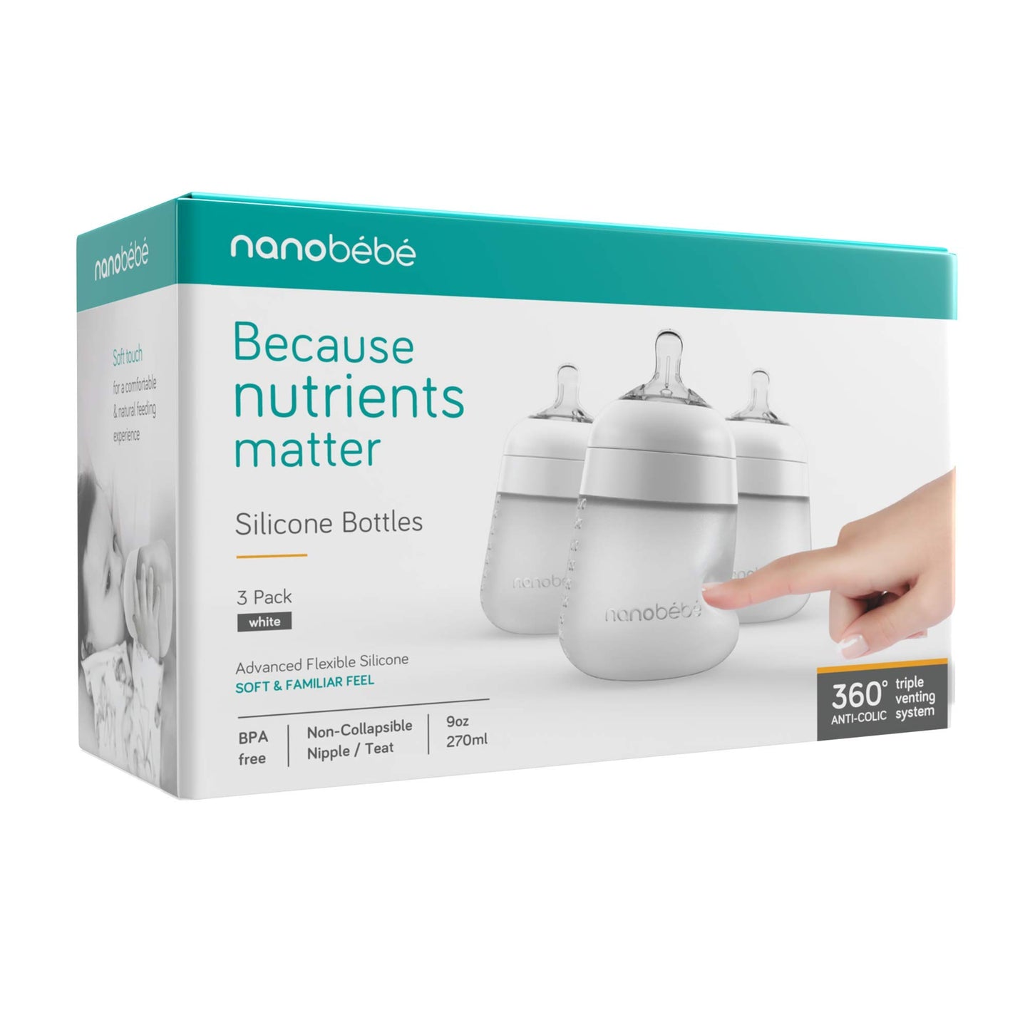 Nanobebé, Biberón de Silicón, 270 ml./ 9Oz., 3 Pack, Color Blanco
