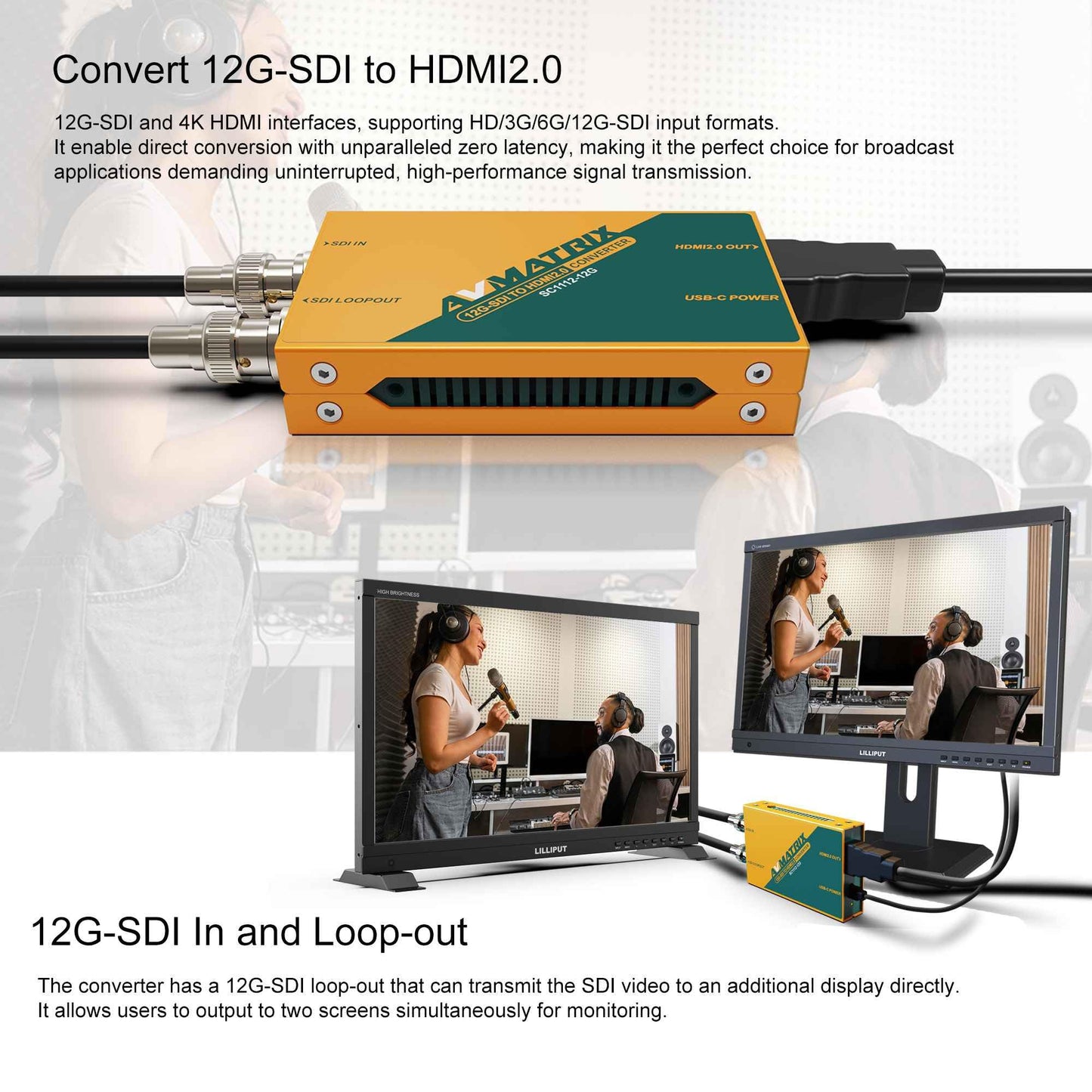AVMATRIX Mini convertidor SDI a HDMI de 12 G, HD/3G/6G/12G-SDI Loop Out, salida HDMI 2.0, tamaño de bolsillo y fácil montaje, solución de alimentación USB tipo C (SC1112-12G)