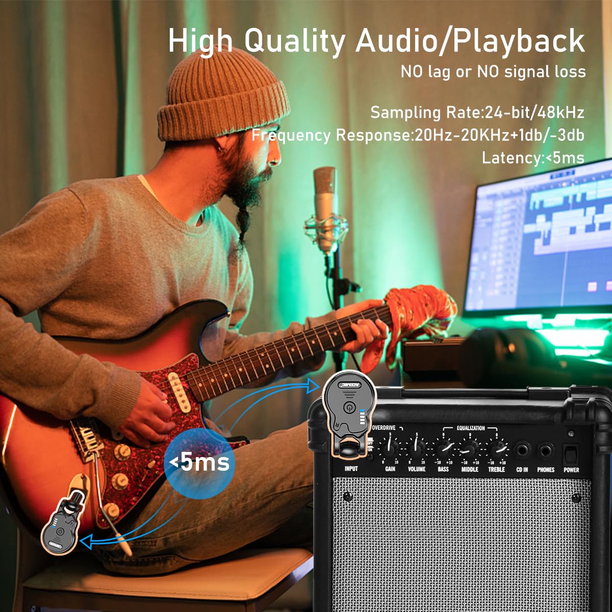 Sistema de Guitarra Inalámbrico ACEMIC 2.4GHz Recargable Audio de 4 Canales