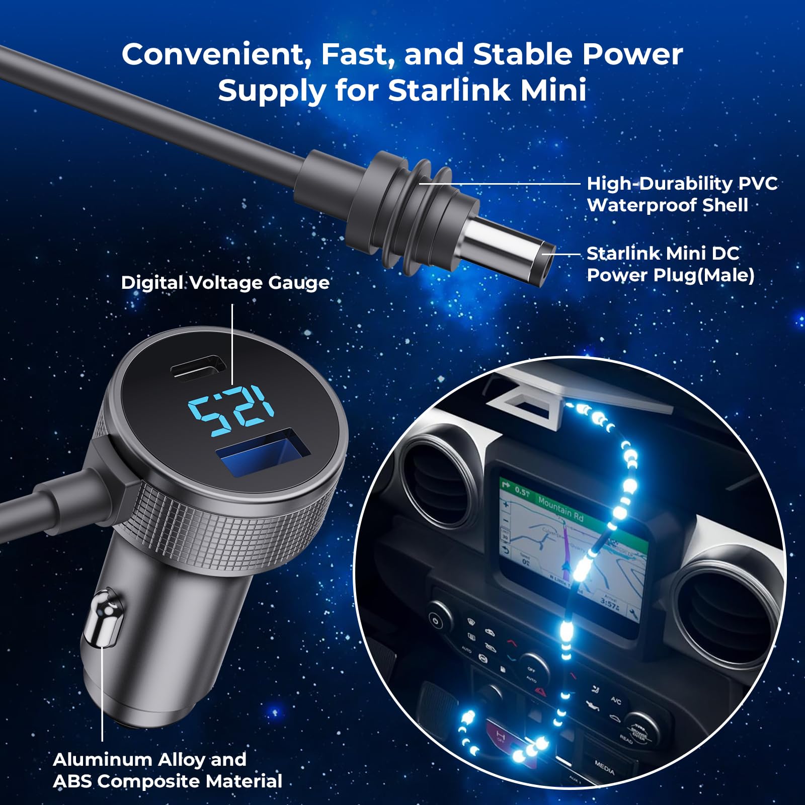 Starlink Mini Cable 3 en 1 Starlink Mini cargador de coche Cable de alimentación CC + adaptador de encendedor de cigarrillos de 12 V-48 V con visualización digital, USB C PD duradero de 40 W y puertos