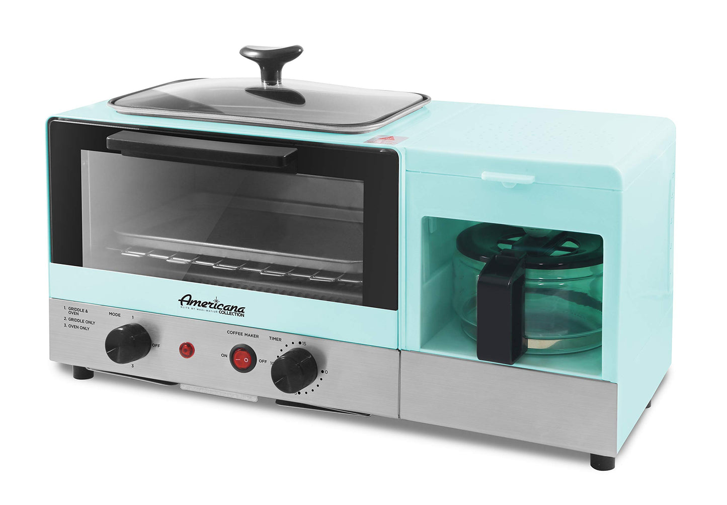 Elite Gourmet EBK8810BL# Americana 2 Slice, 9.5" Griddle with Glass Lid 3-in-1 Breakfast Center Station, 4-Cup Coffeemaker, Toaster Oven with 15-Min Timer, Heat Selector Mode, Blue