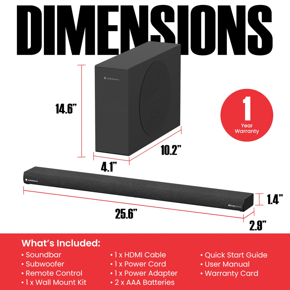 Barra de Sonido Audiosource Negra con Subwoofer Inalámbrico y Dolby Atmos para Smart TV
