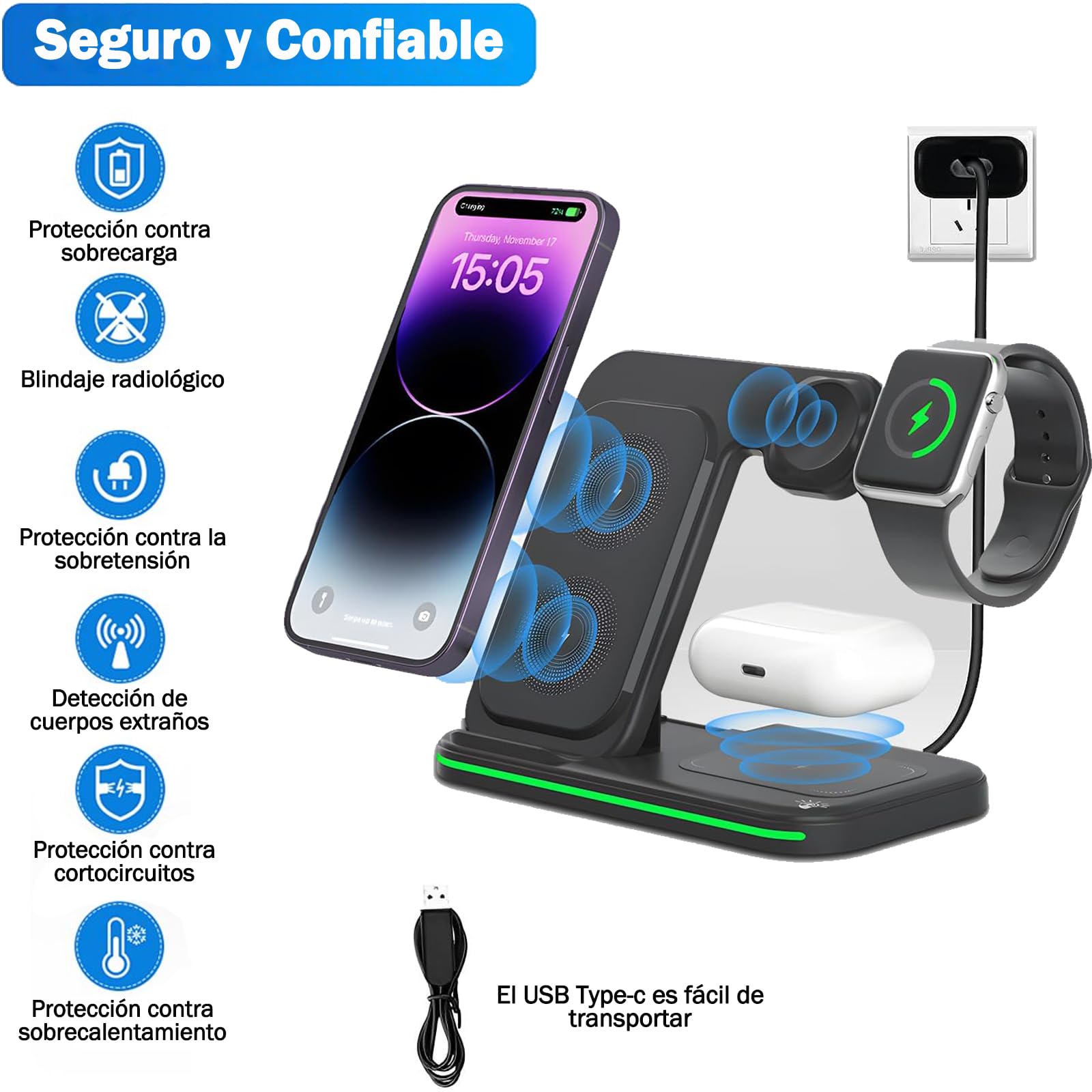 DKJBF Estación de Carga 3 en 1 Inalámbrica con Cable USB e Indicador LED - Compatible con iPhone, Samsung, Apple Watch Series 8/7/6/5/4/3/2/SE y AirPods 2/3/Pro