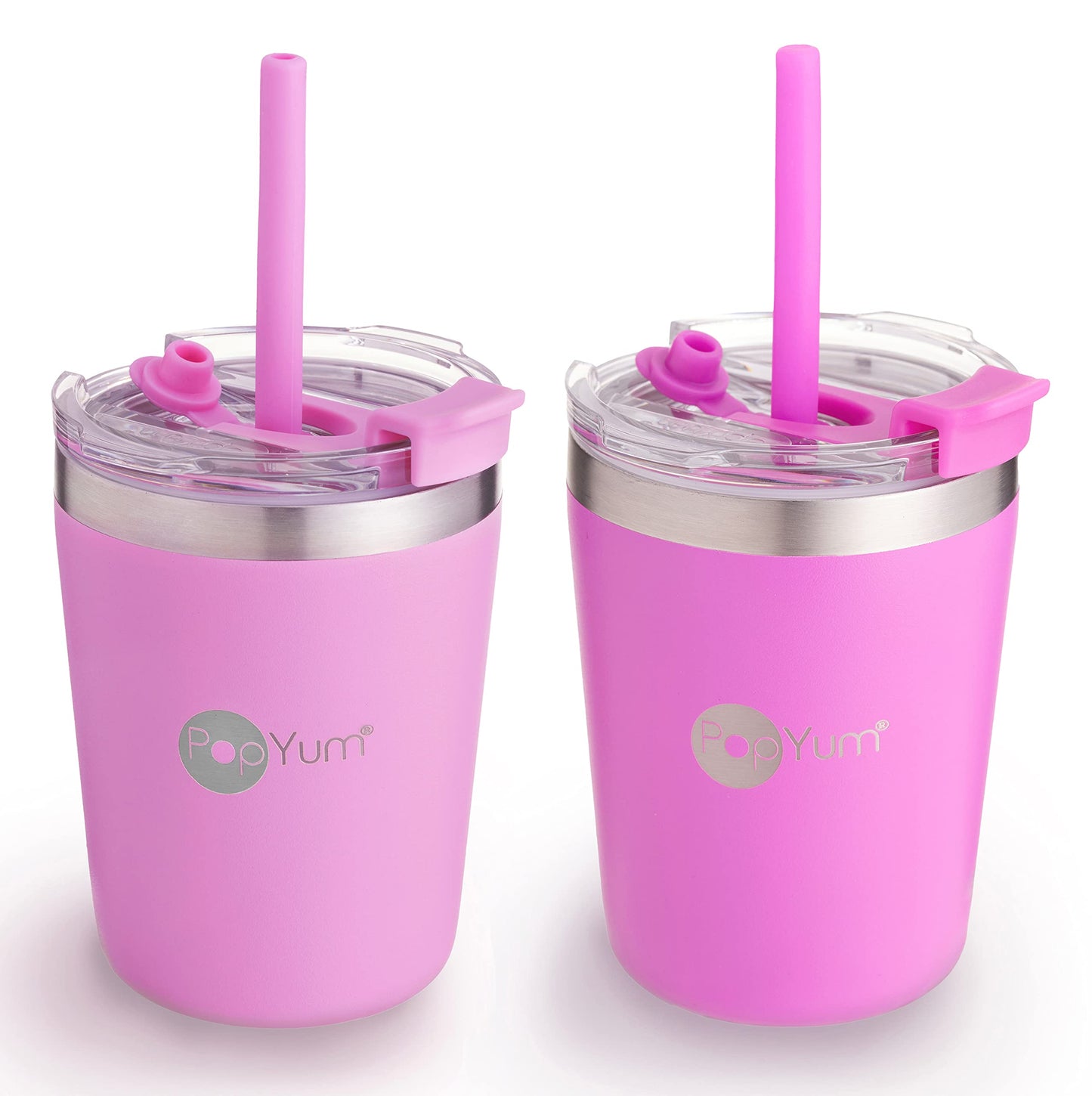 PopYum - Tazas para niños de acero inoxidable aisladas de 266 ml con tapa y popote, 2 unidades, púrpura, rosa, apilables, con borde de aprendizaje, para bebé, niño, niño pequeño, vaso, de doble pared