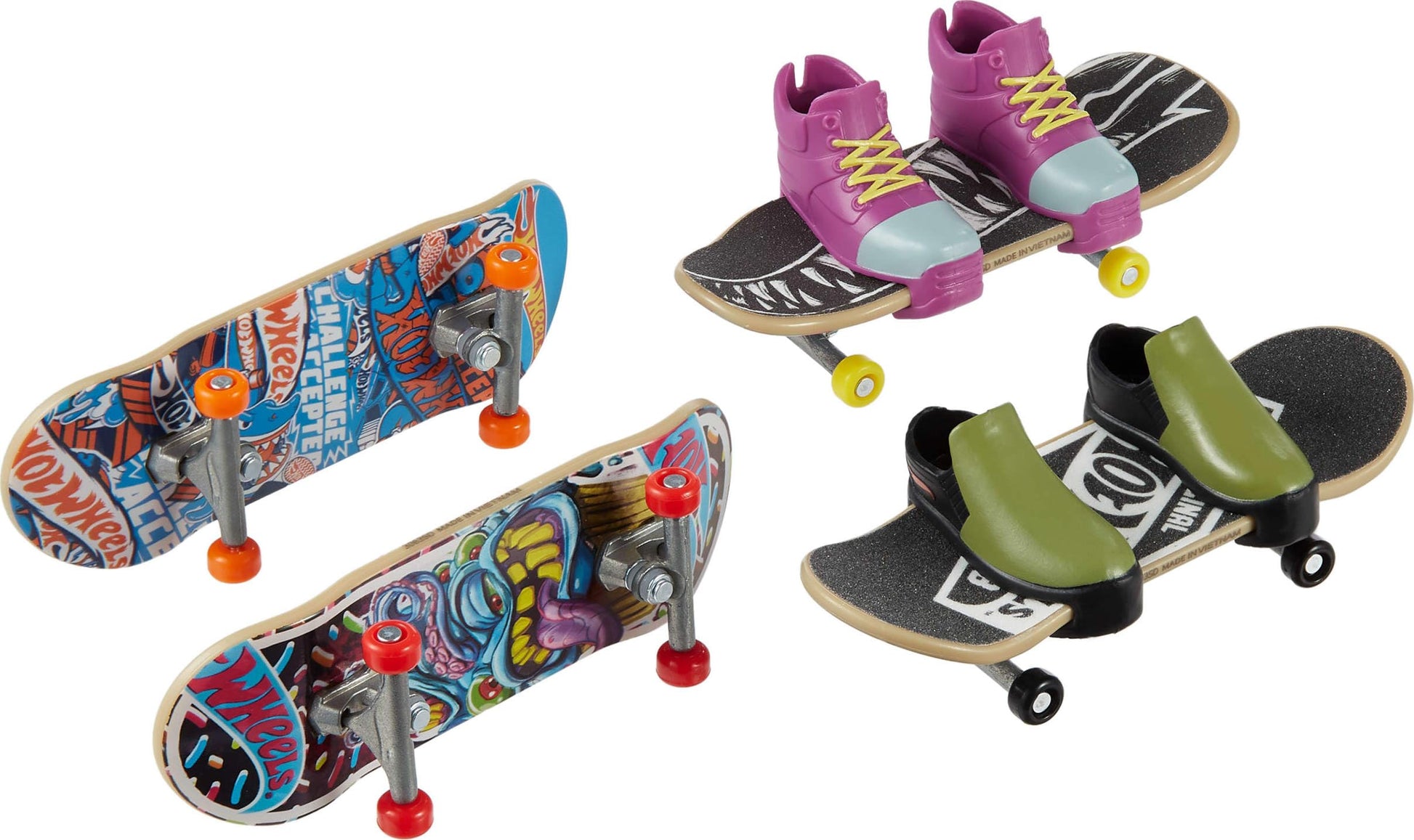 Hot Wheels, Multipack de Skate, Experto en Velocidad, 4 Patinetas para Dedos y 2 Pares de Tenis de Skate, Skate, Juguete para Niños, Mattel