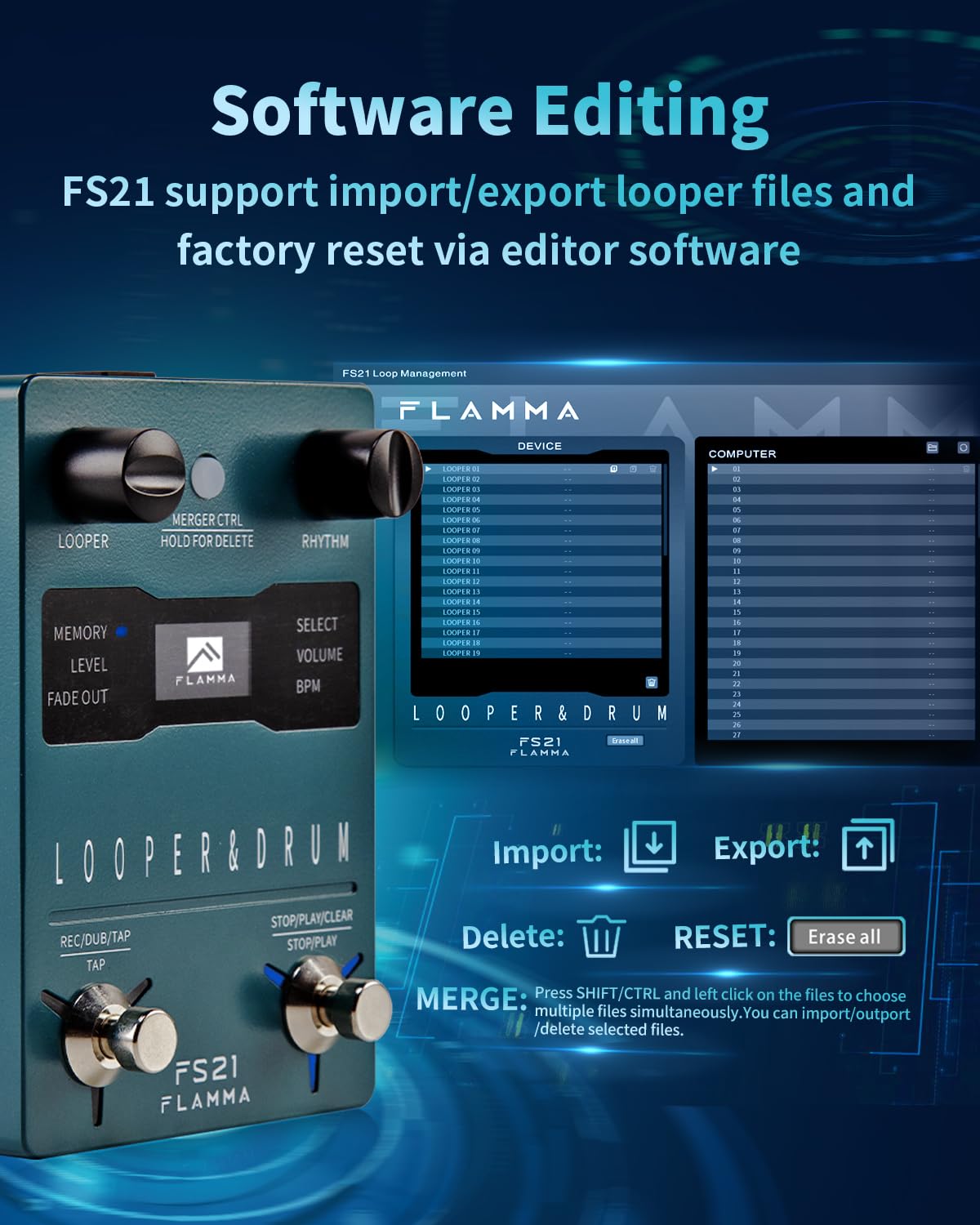 Máquina de Pedal Estéreo FLAMMA FS21 Generador de Bucle para Guitarra y Batería con Pantalla y Capacidad de Grabación en Bucle de 160 Minutos