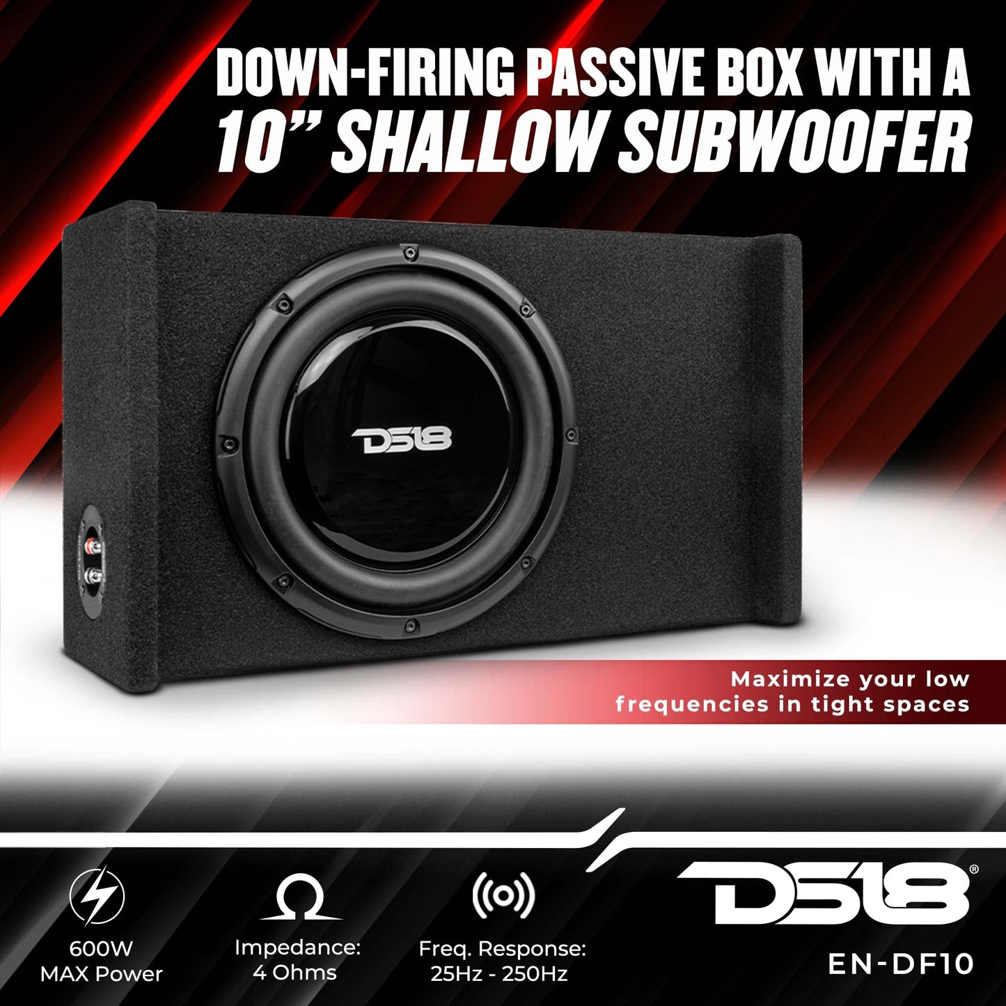 DS18 EN-DF10 - Carcasa de subwoofer de 10 Pulgadas, diseño Compacto y Sellado para Coche, Camiones, 600 W, Color Negro
