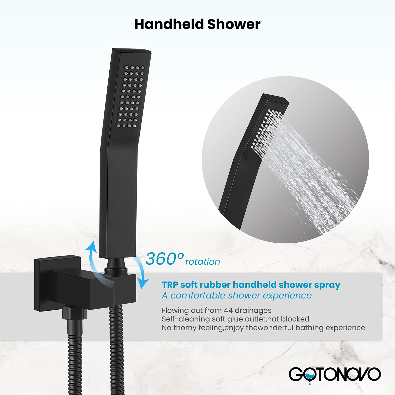 gotonovo Grifo de ducha negro mate para montaje en pared, sistema de ducha de baño de triple función, con boquilla de bañera cuadrada de alta presión, cabezal de ducha de lluvia de 12 pulgadas, válvula rugosa y moldura incluidos