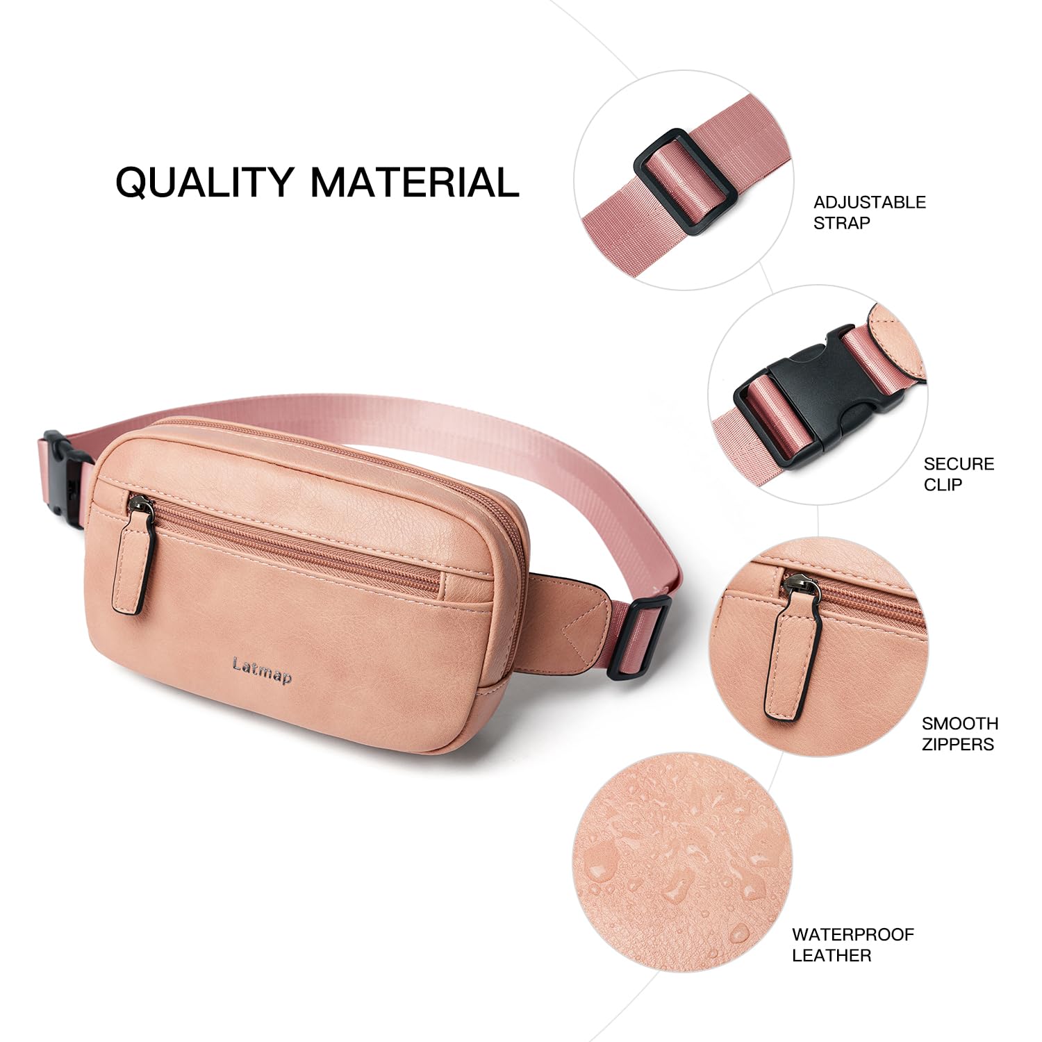 LATMAP - Riñonera de 2 L para todas partes, pequeña y a la moda, bandolera de piel sintética, impermeable, para mujer, a la moda, Rosado, 7.87 inches