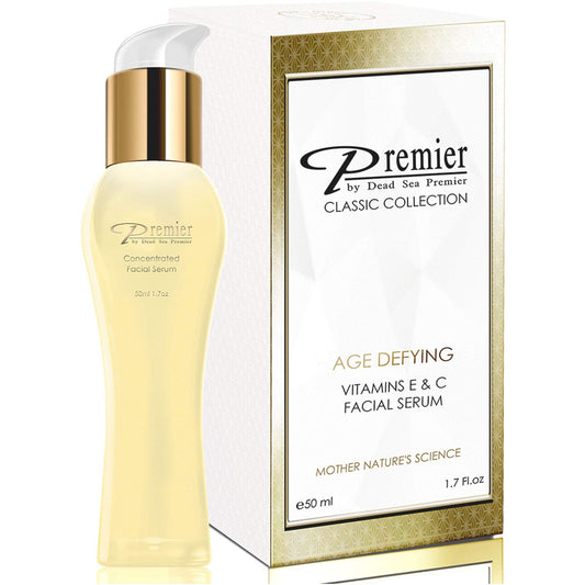 Premier Dead Sea Classic Sérum concentrado para la cara con vitamina E y C, desafiante de la edad, reductor de arrugas, blanqueador, hidratante, hidratante y reparador, suero facial sedoso y suave, 1.6 onzas líquidas