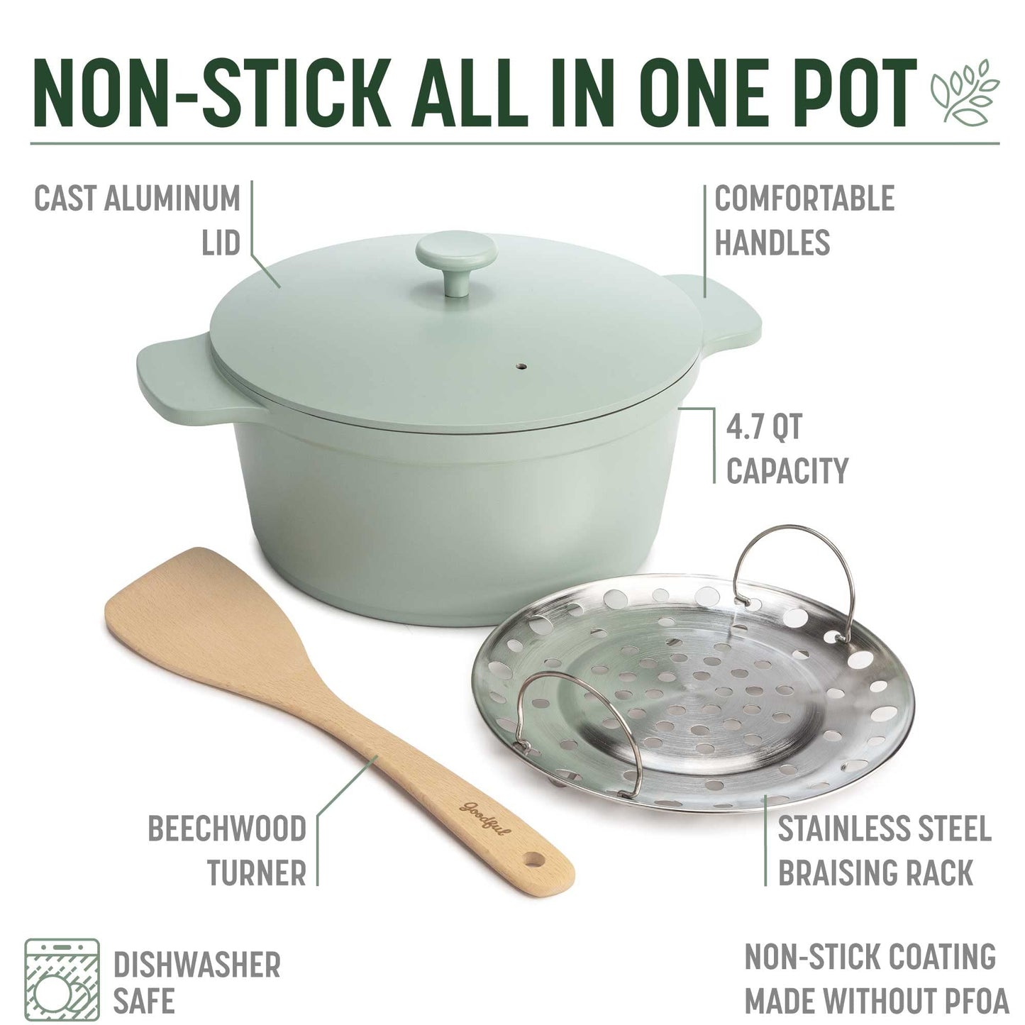 Goodful - Olla todo en uno, antiadherente de revestimiento múltiple, horno holandés fundido de alto rendimiento con tapa a juego, estante para asar y volteador, hecha sin PFOA, utensilios de cocina