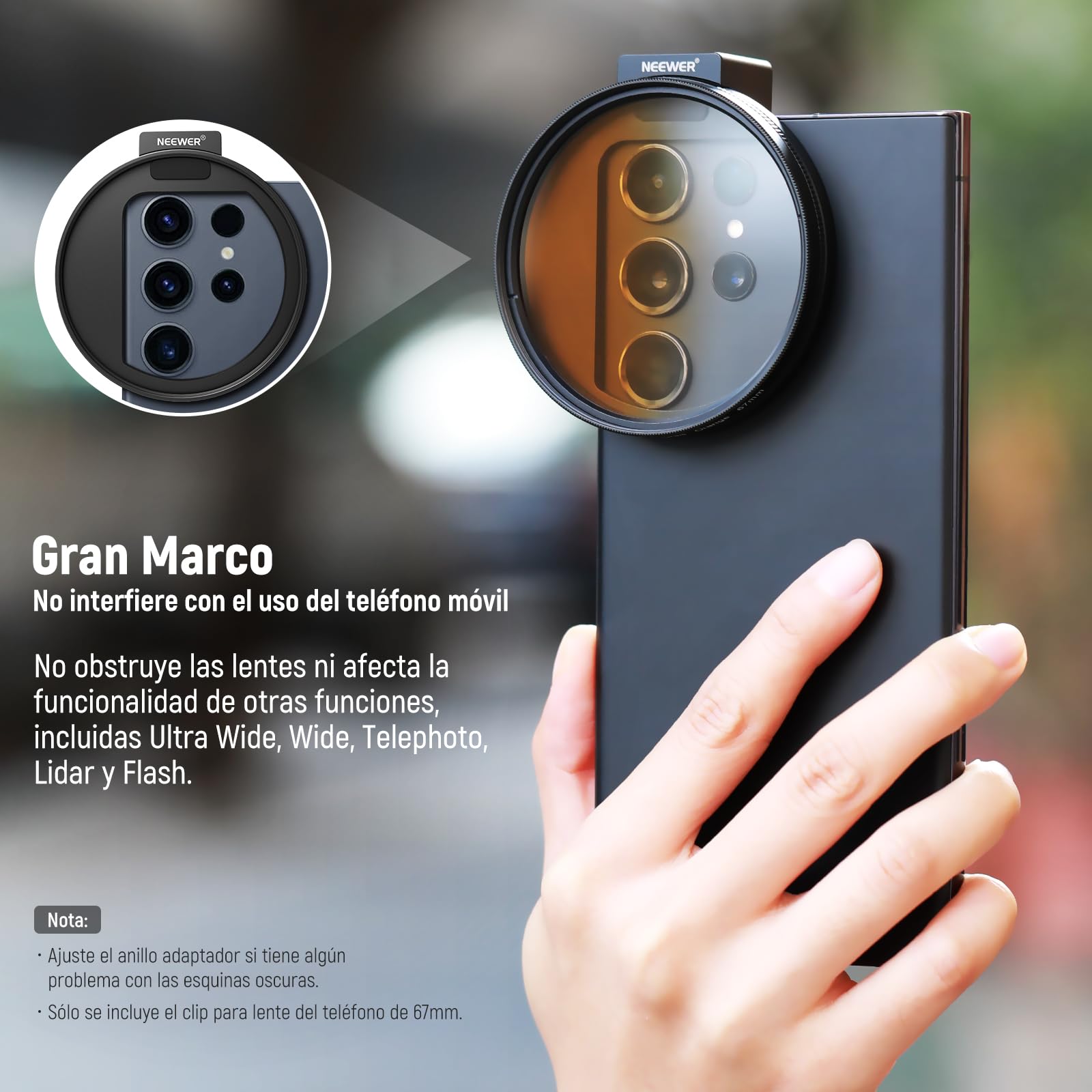 NEEWER 67mm Clip de Filtro Lente Roscado para Filtro Mount Teléfono de Mejorado con Soporte Cold Shoe, 13mm Apertura Compatible con iPhone 15 14 13 Pro MAX Pro MAX Samsung Galaxy S22 S23 Ultra, LA006