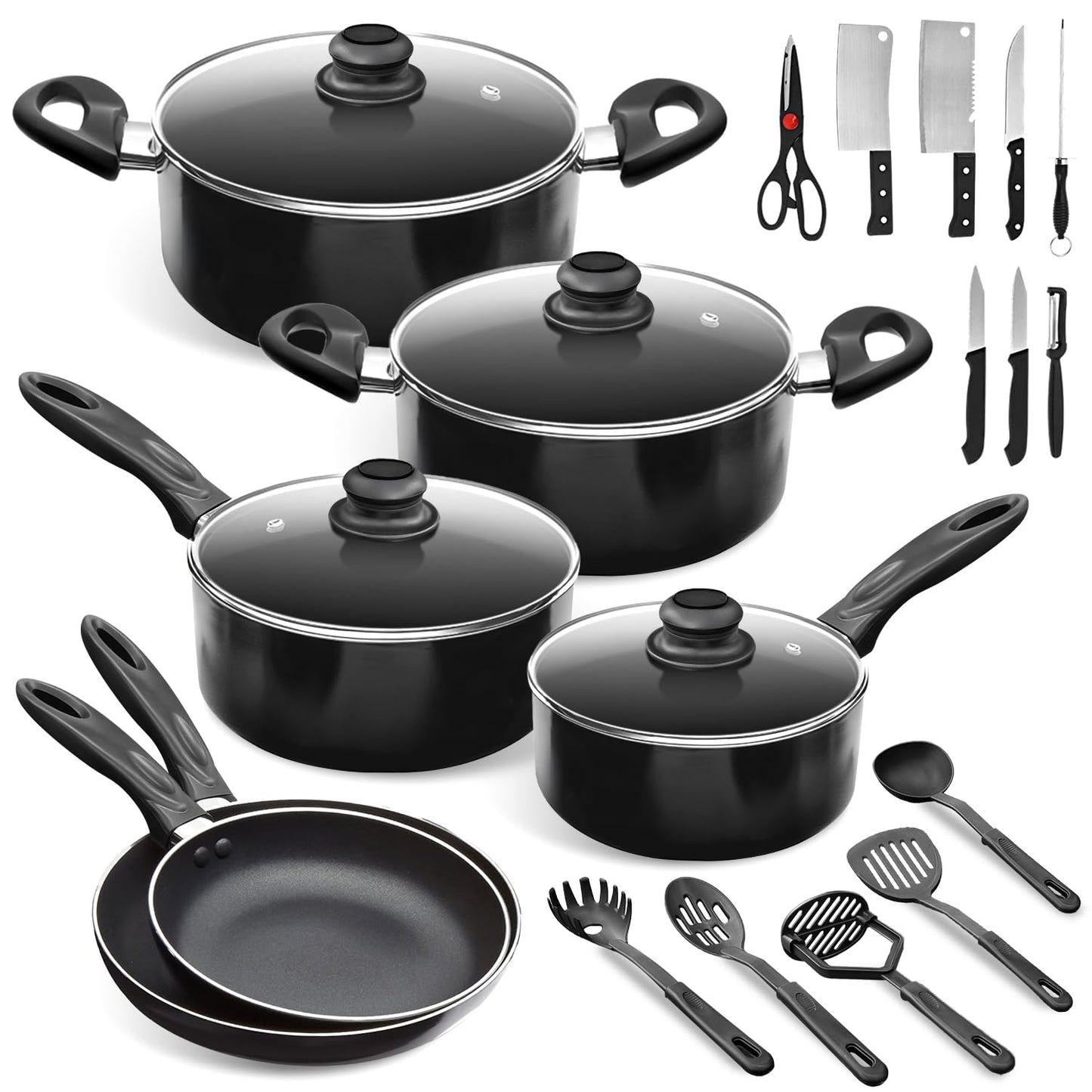 LINGLUCKY Sartenes Antiadherentes con Tapa,Bateria de Cocina, Juego de ollas y sarten 23 Piezas con Sartén, Cazos,Ollas,Cuchillos y Espátula,Juego de Utensilios de Cocina de Color,Negro