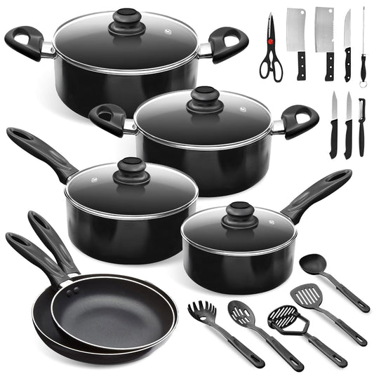 LINGLUCKY Sartenes Antiadherentes con Tapa,Bateria de Cocina, Juego de ollas y sarten 23 Piezas con Sartén, Cazos,Ollas,Cuchillos y Espátula,Juego de Utensilios de Cocina de Color,Negro