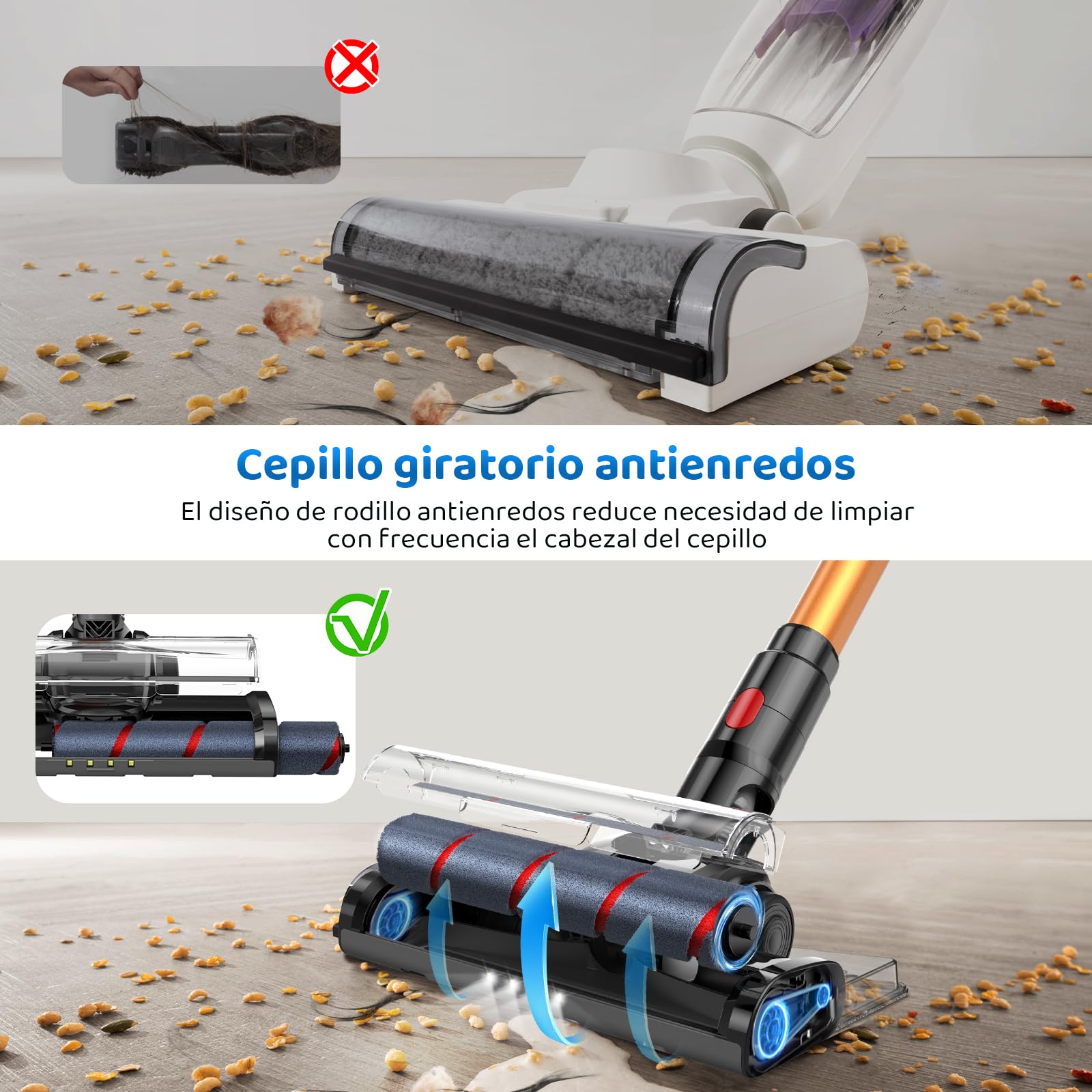 Aspiradora Inalambrica, Aspiradora de Mano y Vertical 2 en 1, 30KPa/350W Aspiradoras para el Hogar, Potente Succión,con Cepillo Sin Enredos,1L Taza para Polvo,para Pelo de Mascotas/Alfombra (Gris)