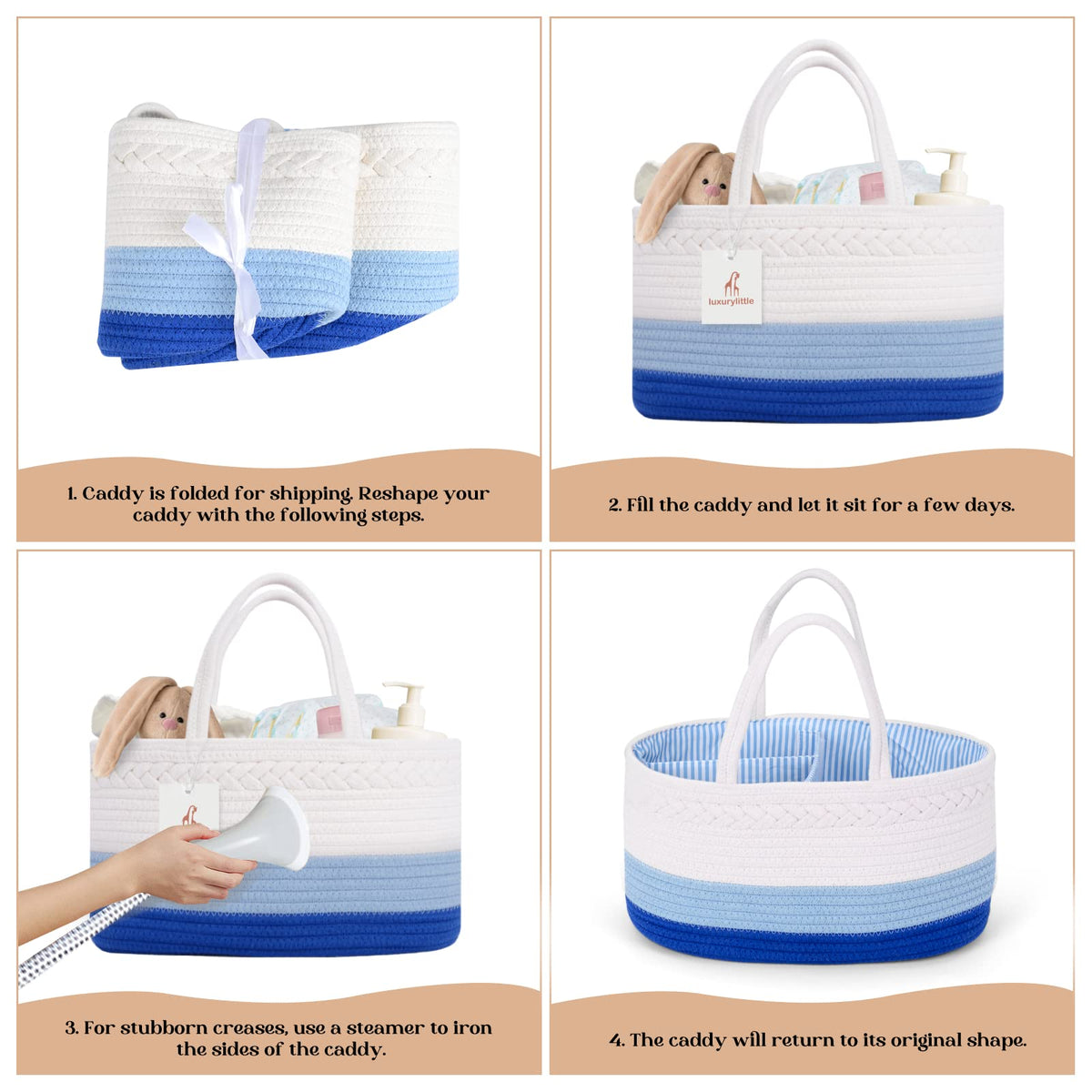 luxury little Organizador de pañales para bebé, cesta de pañales extragrande con cuerda de algodón para guardería, organizador de cambiador, bolsa portátil con divisor, almacenamiento de coche, regalos de baby