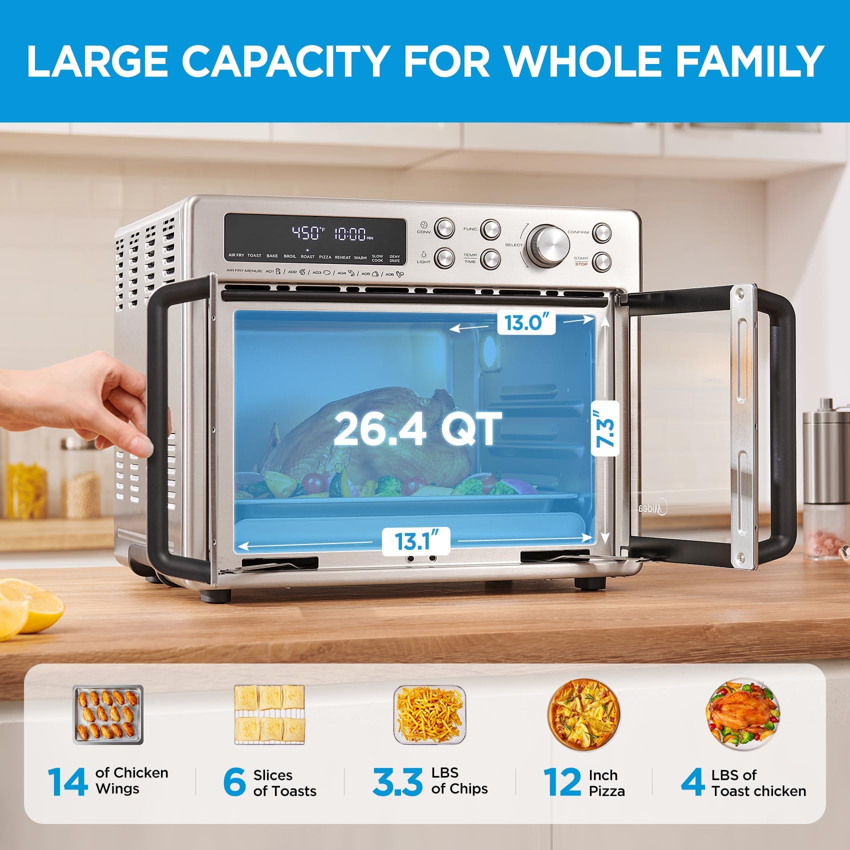 Freidora de Aire Extragrande Midea Flexify Acero para Horno Tostador de Puerta Francesa 90% Menos Aceite