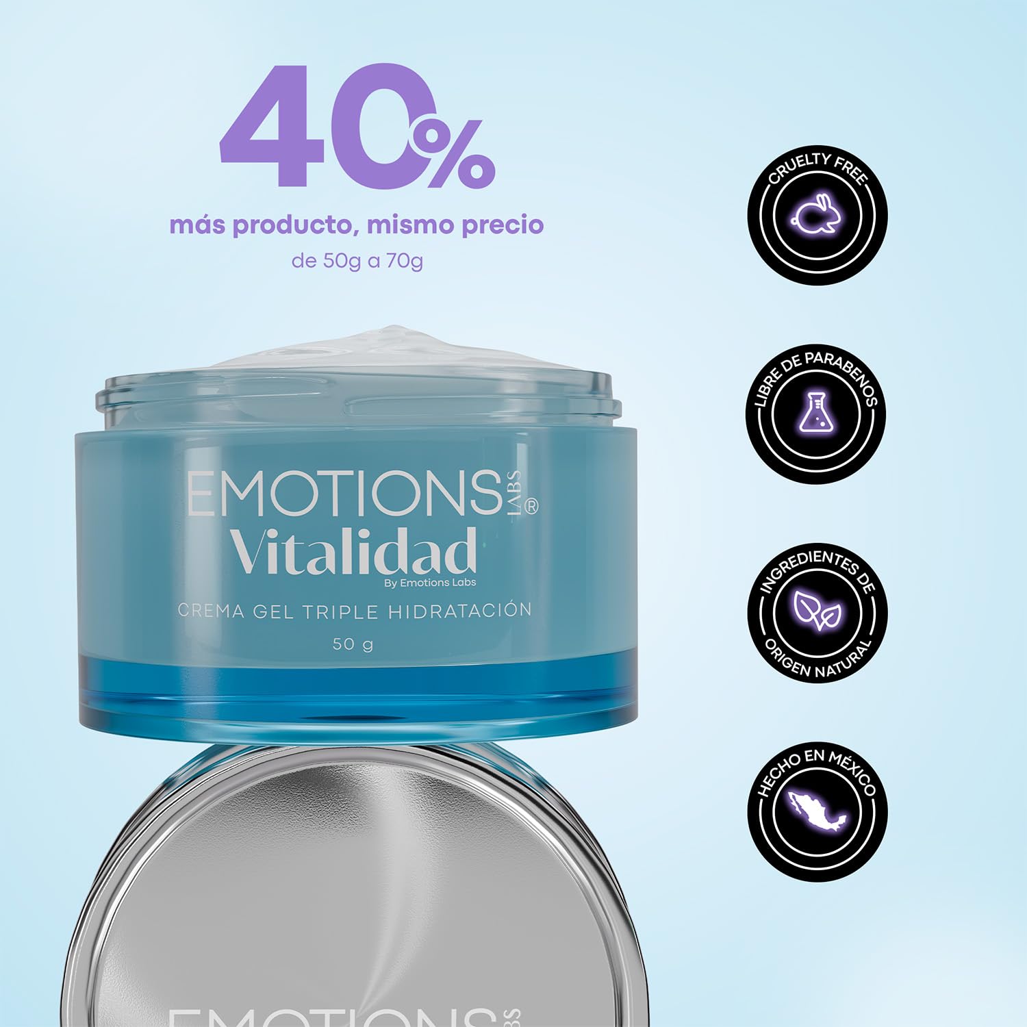 Emotions Labs |Crema Facial en Gel Vitalidad | Humectante| Con Ácido Hialurónico, Semilla de Sena y Alga Roja | Para Piel Seca | Uso Día y Noche | Contenido 70g