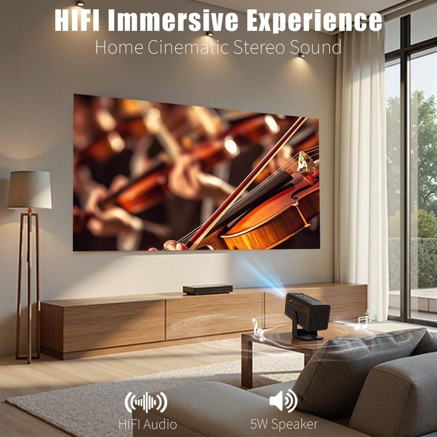 Mini proyector WiFi y Bluetooth Compatible con 1080P, con apps integradas. Admite Pantalla de 150 Pulgadas para Uso Exterior, corrección Trapezoidal automática y Corta Distancia Focal.