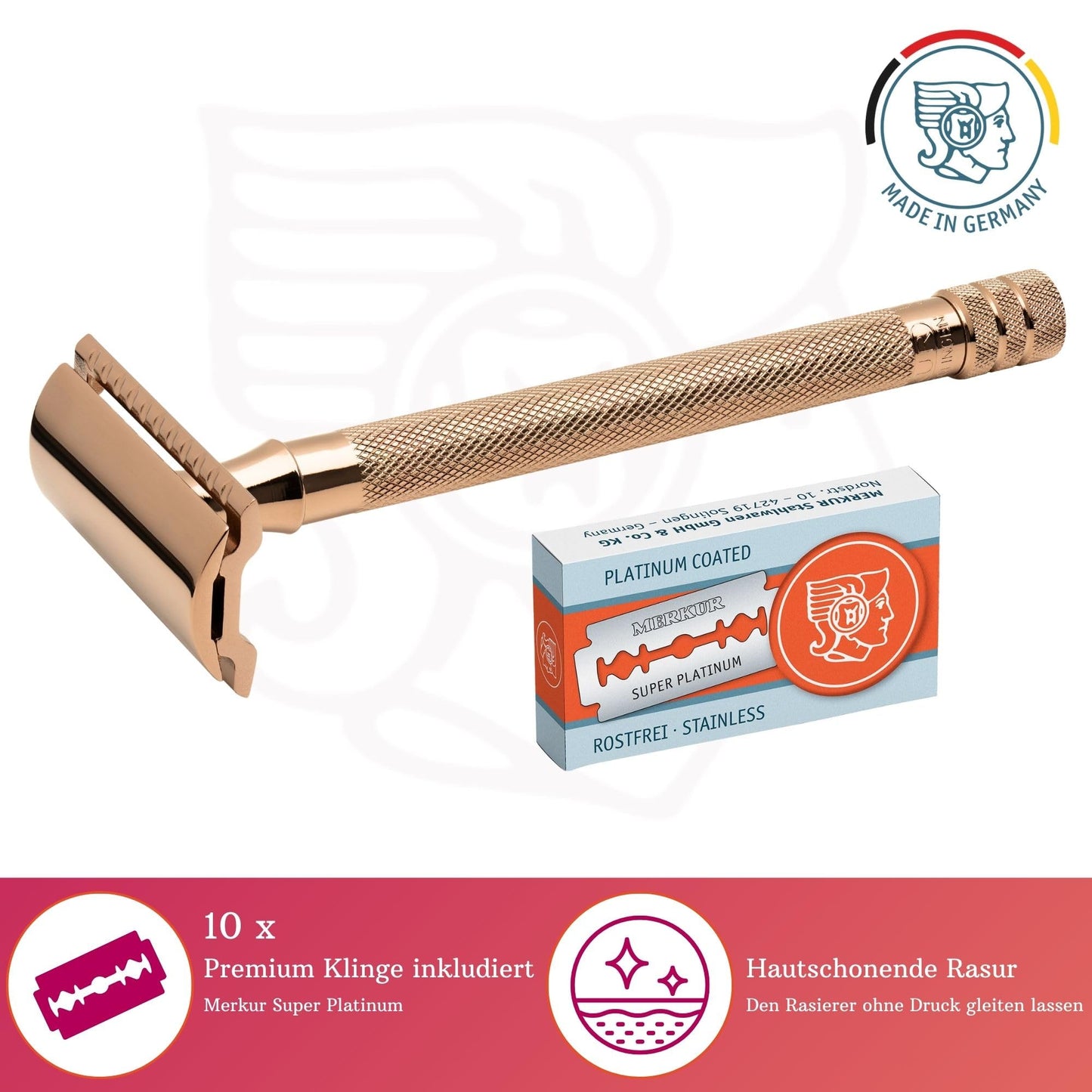 MERKUR Maquinilla de afeitar 24G para mujer con 10 cuchillas de afeitar premium, mango extralargo, maquinilla de afeitar de tres piezas, corte recto, oro rosa, fabricada en Alemania