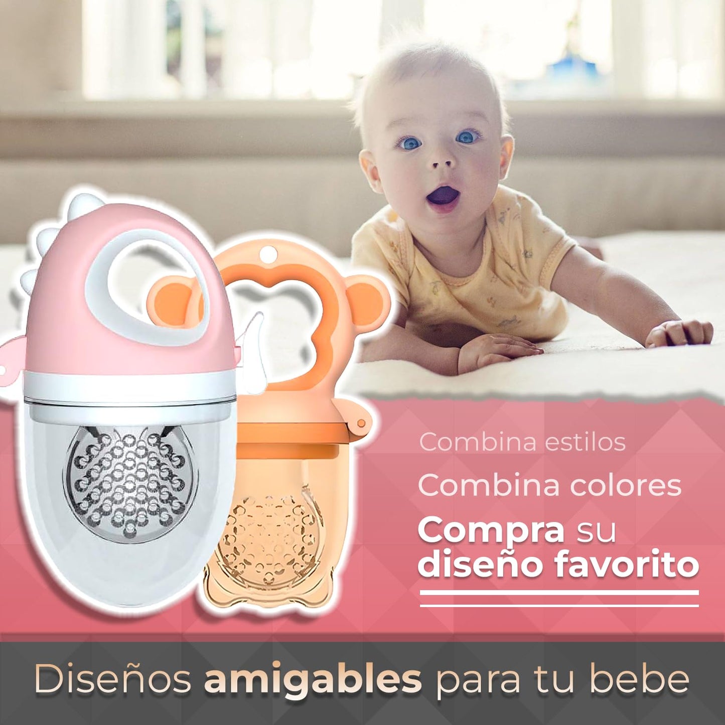 Chupones alimentadores para frutas y papillas con tapa libre de bpa, dibujos animados, 4m+ 2 piezas (monkey naranja y dino rosa)