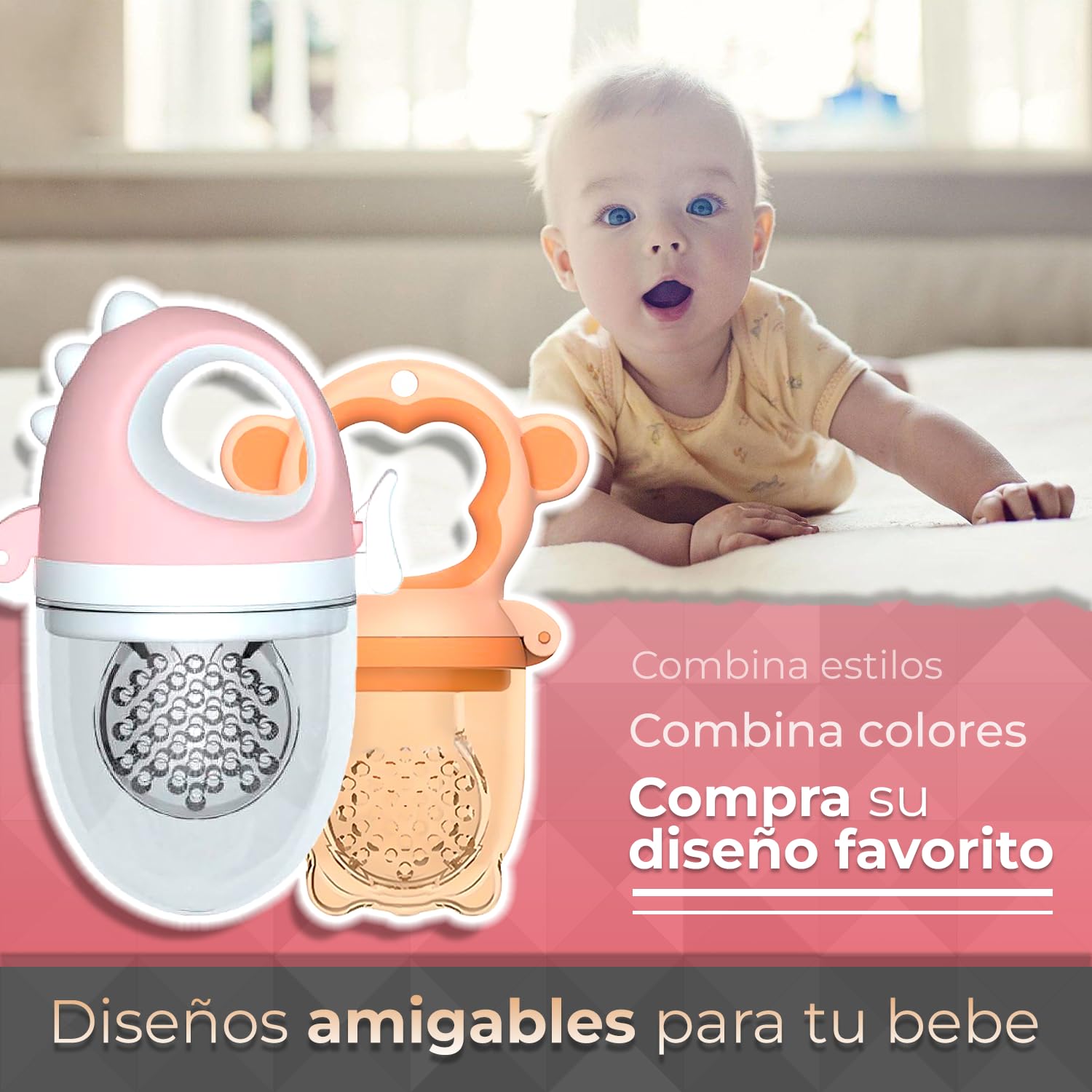 Chupones alimentadores para frutas y papillas con tapa libre de bpa, dibujos animados, 4m+ 2 piezas (monkey naranja y dino rosa)