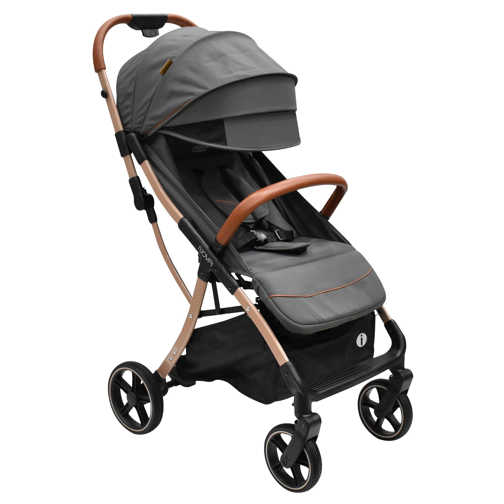 INFANTI | Carriola para Bebe Nova Gris Lifestyle | Carreola Bebé con Plegado Automático y Compacto con Arnés de 5 Puntos - Toldo Completo con Visera y Ventanilla | Reclinación Ajustable y Canastilla