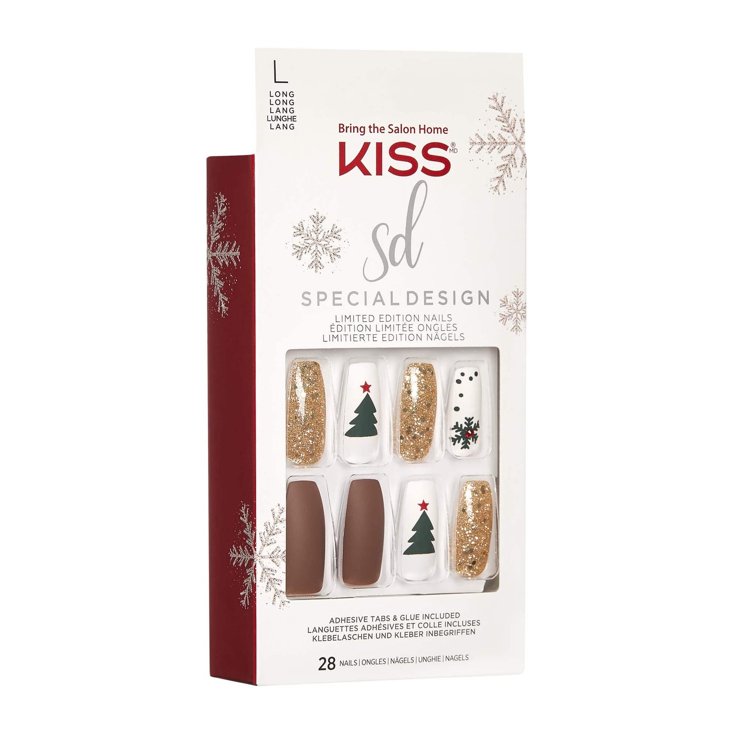 Edición limitada de uñas postizas navideñas de diseño especial, estilo 'suéter abultado', ataúd largo multicolor, con 24 pestañas adhesivas, pegamento para uñas, lima pequeña, palito de manicura y 28