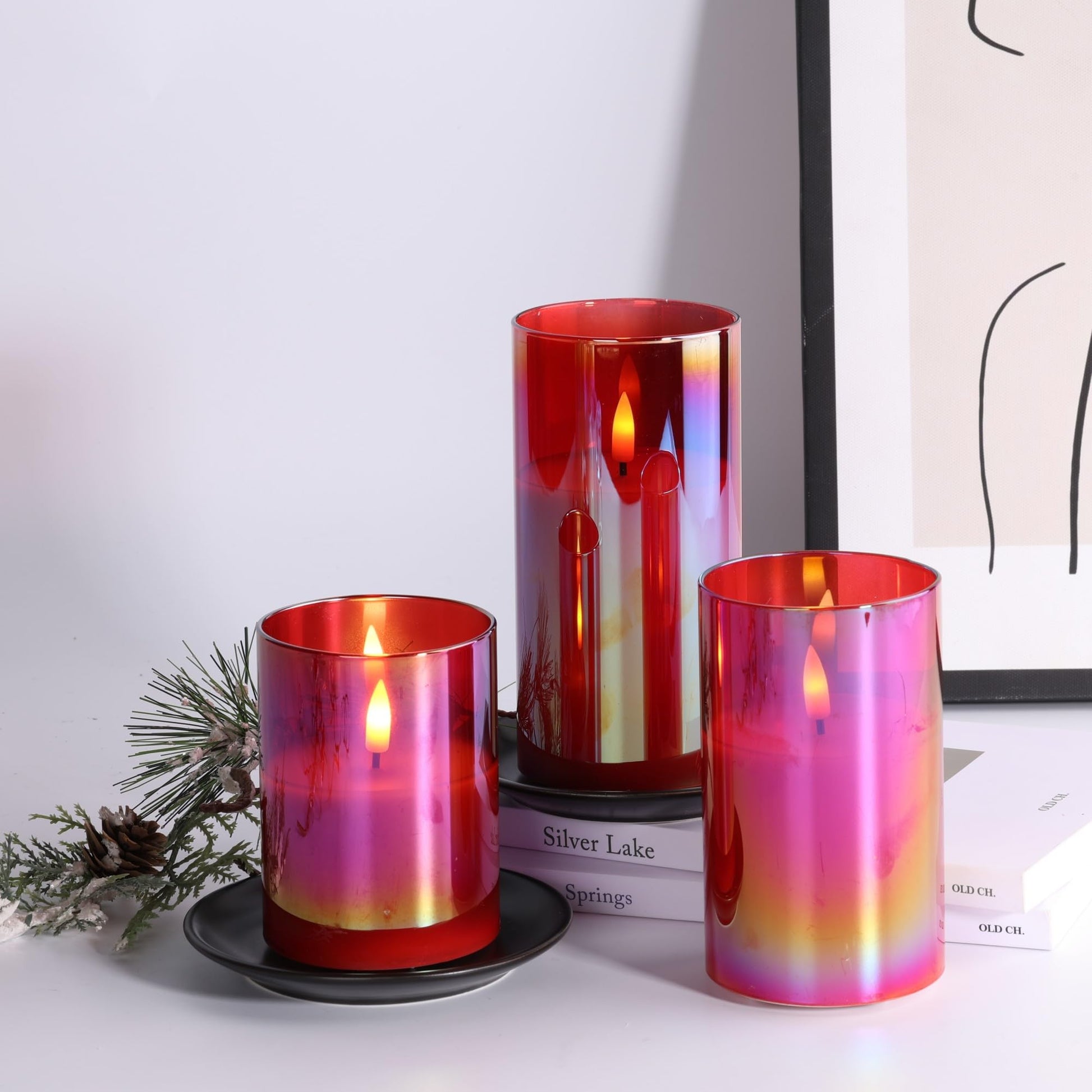 Eywamage - Juego de 3 velas led de vidrio rojo sin llama con control remoto, batería parpadeante