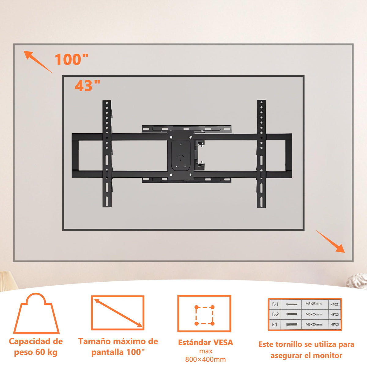 Soporte de TV COUWELL Negro Inclinable y Giratorio para Pantallas de 43 a 100 Pulgadas