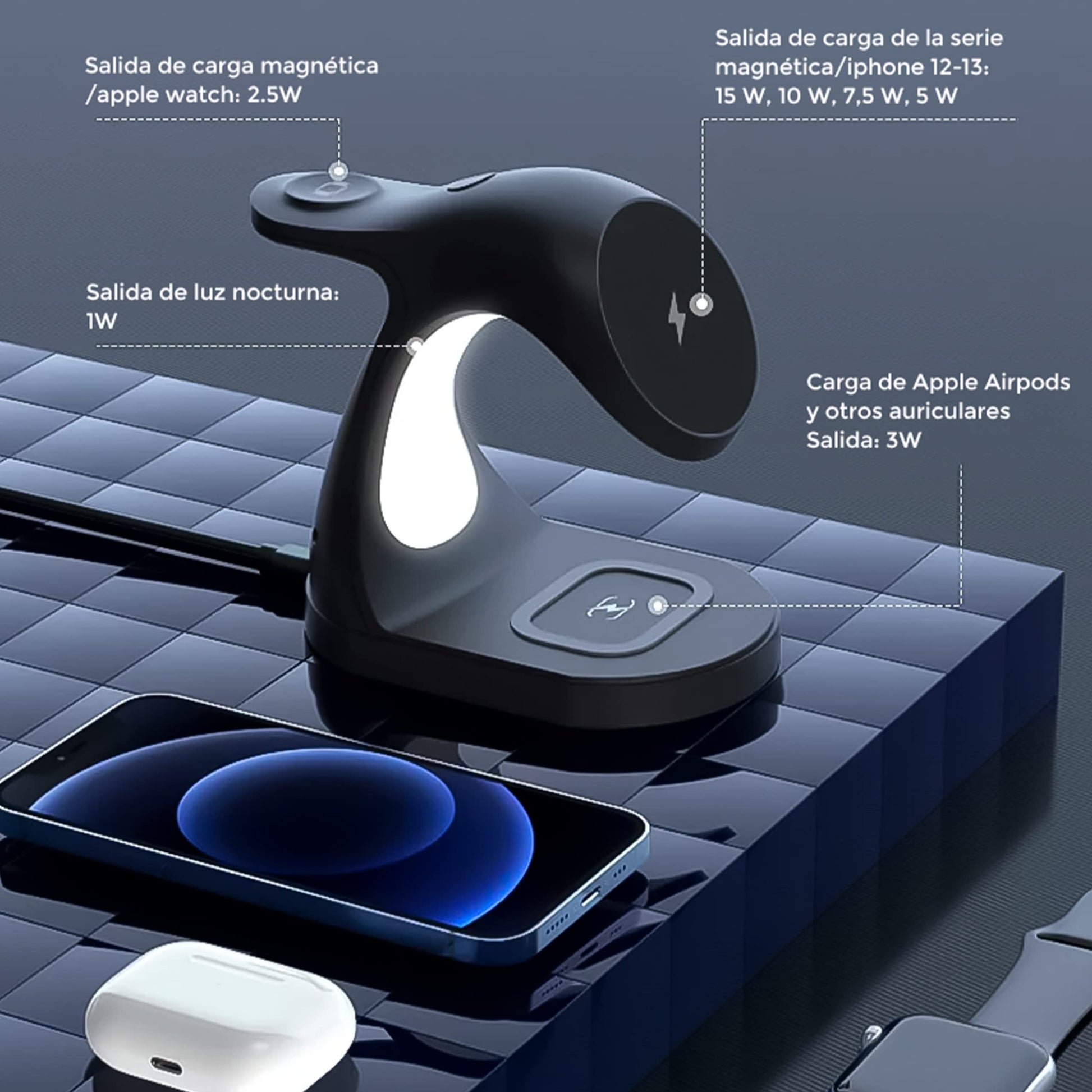 Klid Home Cargador Inalámbrico Magnético 4 en 1 con Lámpara LED – Base de Carga Rápida para Productos Apple – Estación Magsafe Compatible, Carga Segura y Ordenada