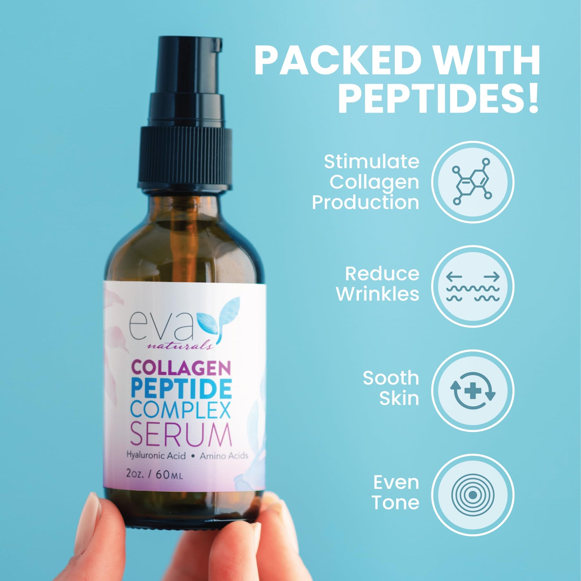 Peptide Complex Serum by Eva Naturals (2 oz) - Best Anti-Aging Face Serum Reduces Wrinkles and Boosts Collagen - Heals and Repairs Skin while Improving Tone and Texture - Hyaluronic Acid & Vitamin E
