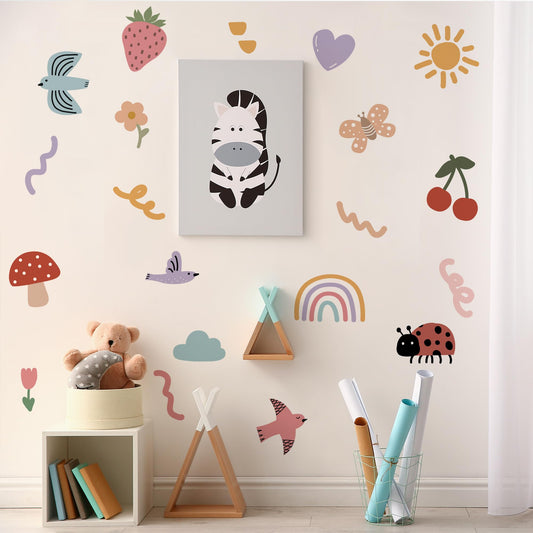 Calcomanías de Pared Decorativas de Insectos y Frutas de Acuarela Estilo Garabato para Dormitorio