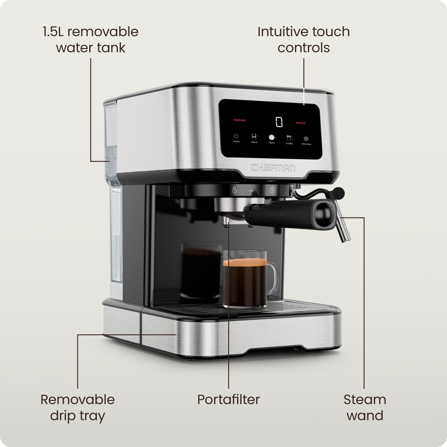Chefman Máquina de espresso Chefman CraftBrew, cafetera digital con bomba de 15 bares con varilla de vapor para café con leche y capuchino, compacta con depósito de agua extraíble de 1.8L - acero inoxidable