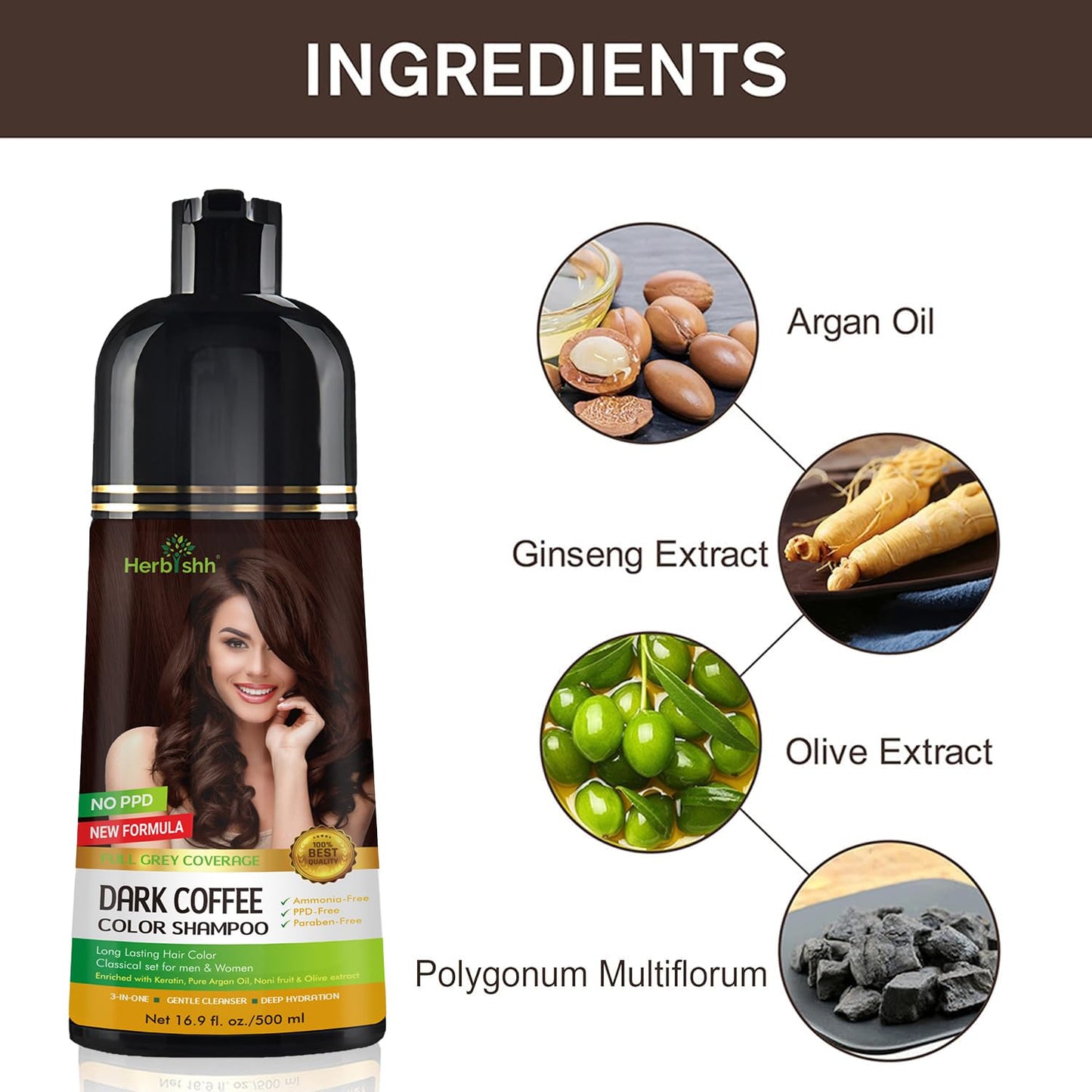 Herbishh Hair Color Shampoo for Gray Hair – Natural Hair Dye Shampoo – Lasts Up To 3-4 Weeks – 500 Ml – 3-In-1 Hair Color – Ammonia-Free | Herbishh (Dark Coffee)