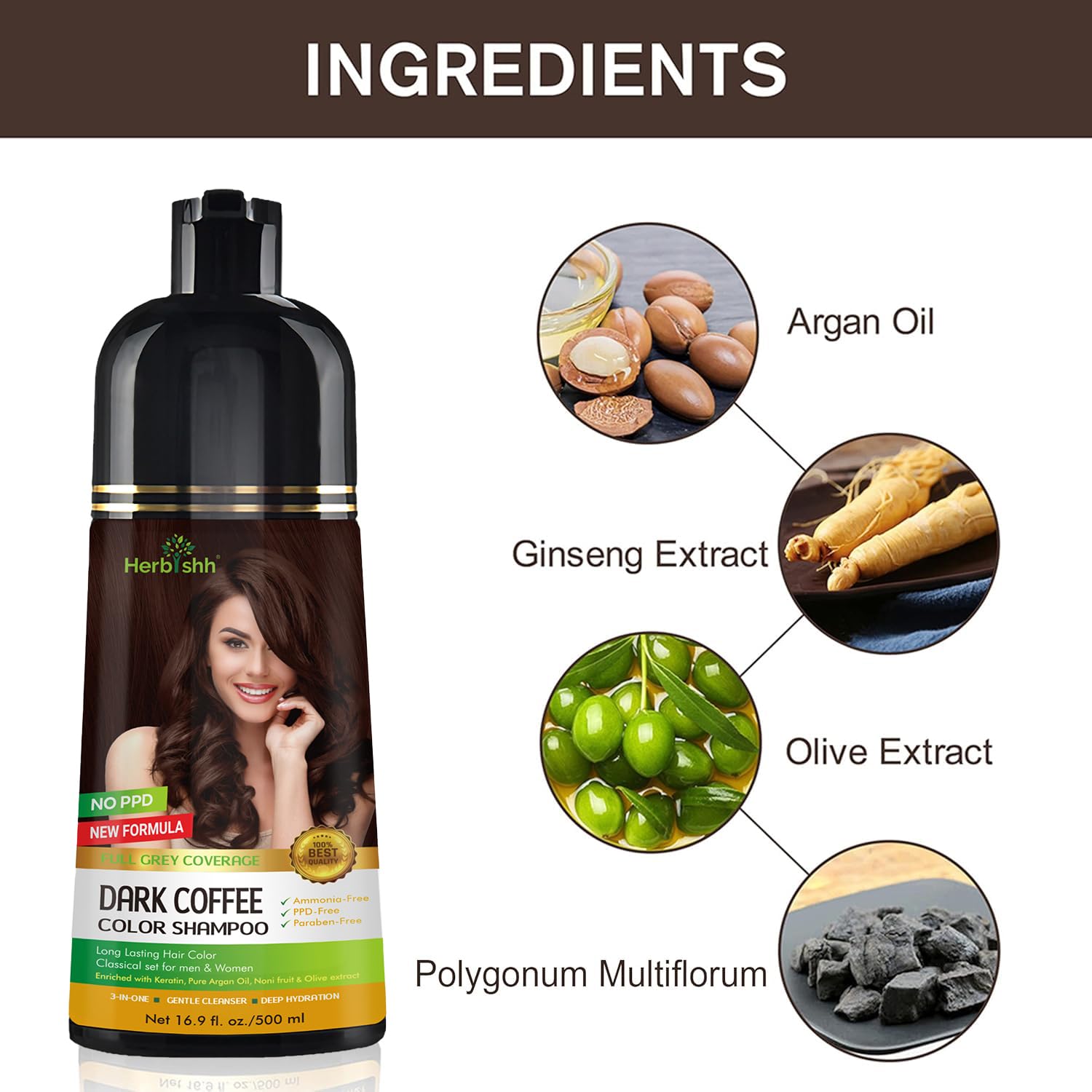 Herbishh Hair Color Shampoo for Gray Hair – Natural Hair Dye Shampoo – Lasts Up To 3-4 Weeks – 500 Ml – 3-In-1 Hair Color – Ammonia-Free | Herbishh (Dark Coffee)
