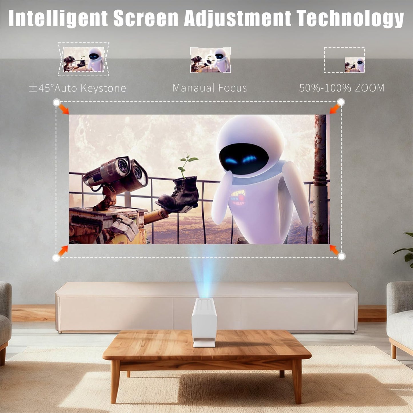 Mini proyector WiFi y Bluetooth Compatible con 1080P, con apps integradas. Admite Pantalla de 150 Pulgadas para Uso Exterior, corrección Trapezoidal automática y Corta Distancia Focal.