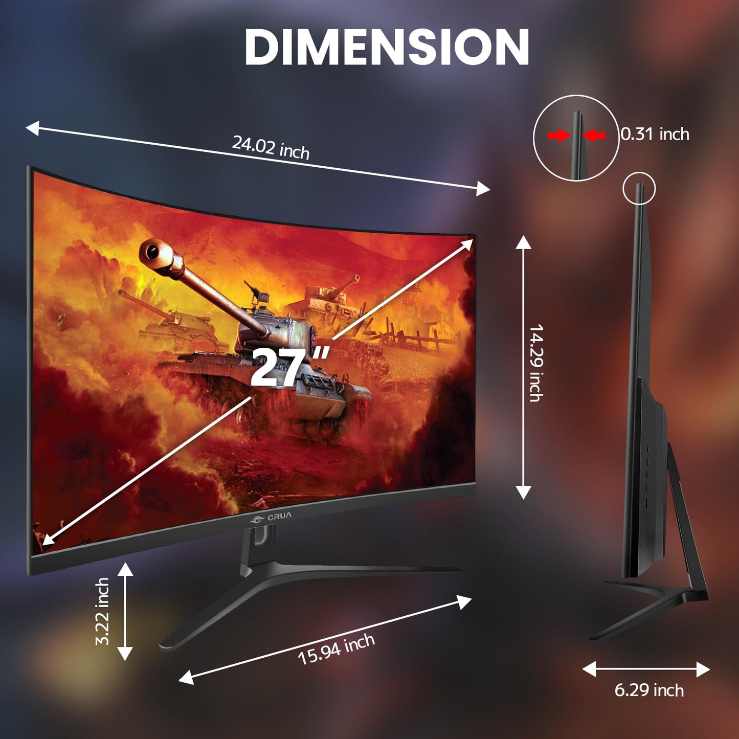 CRUA - Monitor curvo de 27 pulgadas para juegos, 144 Hz/165 Hz, Full HD 1080P 1800R, sin marco, 1ms GTG con FreeSync, desenfoque de movimiento bajo, cuidado de ojos, VESA, DisplayPort, HDMI, negro