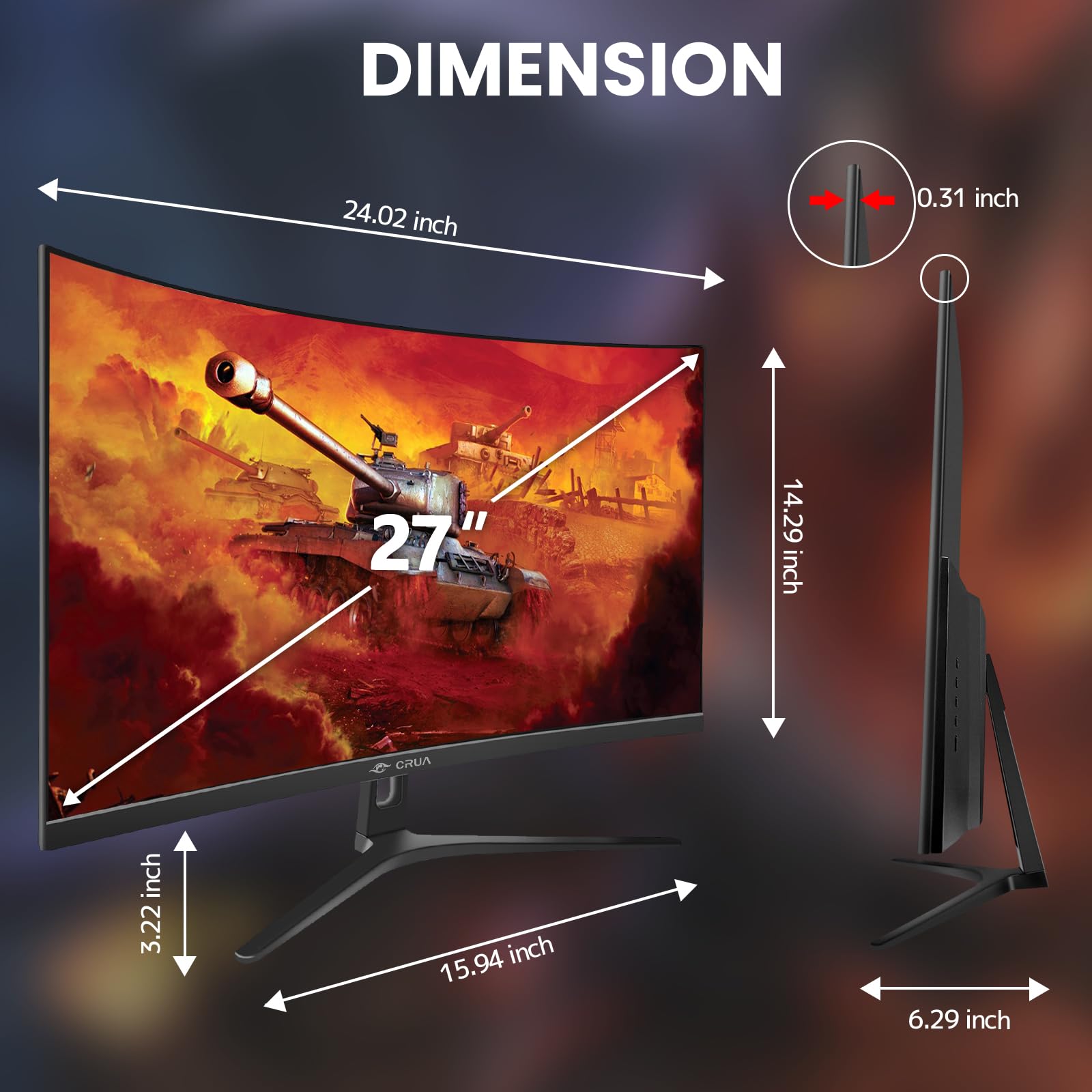 CRUA - Monitor curvo de 27 pulgadas para juegos, 144 Hz/165 Hz, Full HD 1080P 1800R, sin marco, 1ms GTG con FreeSync, desenfoque de movimiento bajo, cuidado de ojos, VESA, DisplayPort, HDMI, negro