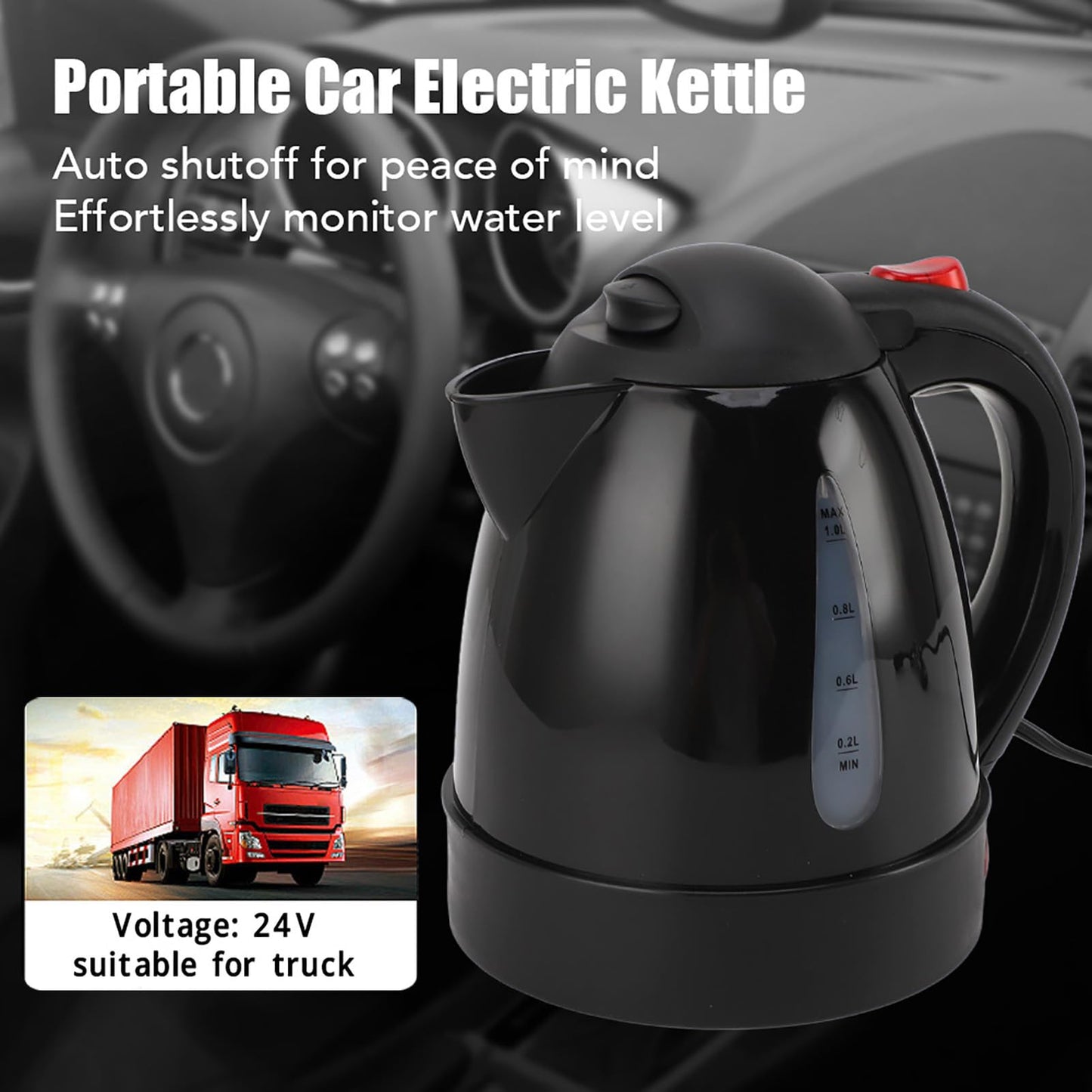 Hervidor Eléctrico de Viaje de 24 V para Camión de Coche, Taza Calefactora de Coche de 1000 Ml con Apagado Automático, Hervidor de Agua Caliente Portátil de Acero Inoxidable 304