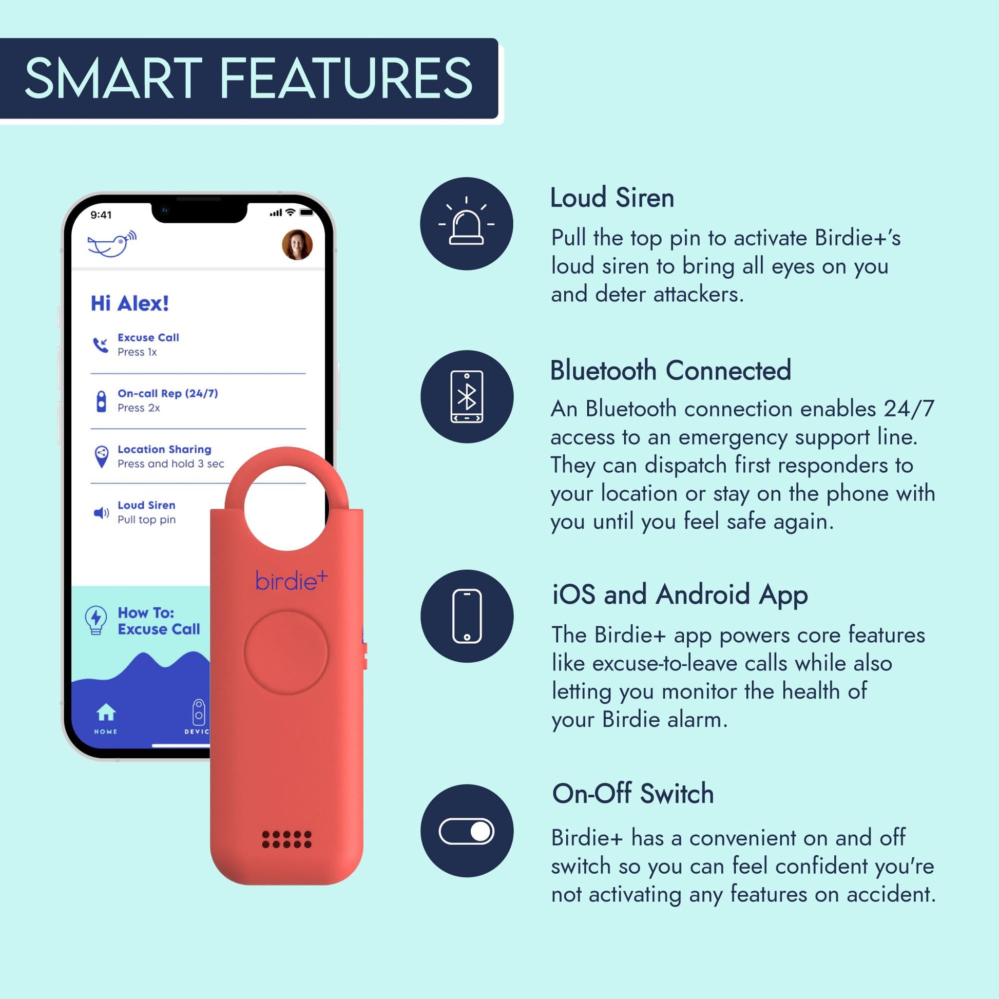 Alarma de Seguridad Personal Inteligente She's Birdie Rosa con Sirena Fuerte y Conexión Bluetooth para Mujer