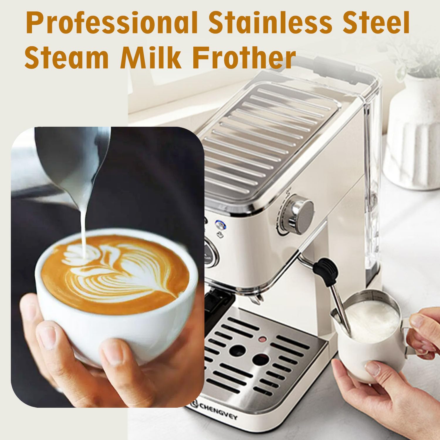 C CHENGVEY Máquina de café espresso de 20 barras, cafetera helada de acero inoxidable, cafetera profesional con espumador de leche, máquina de café compacta, regalo para papá o mamá (marfil beige)