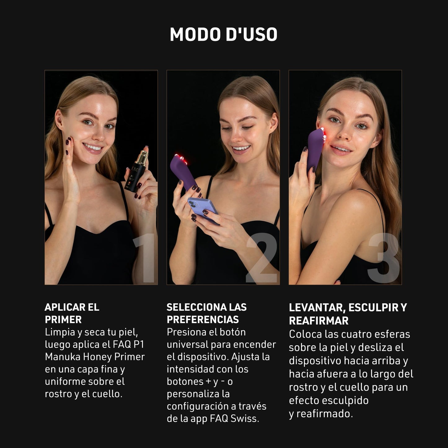 FAQ 401 Dispositivo de Lifting Facial con Doble Microcorriente y Luces LED - Masajeador Facial con Luz Roja, Azul para Drenaje Linfático, Contorno de Ojos y Reafirmación