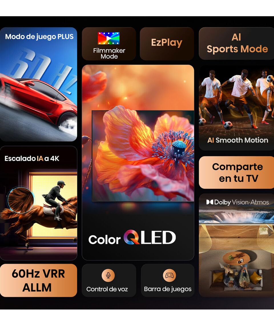 Hisense Pantalla QLED 4K Vidaa U Compatible con Alexa,Dolby Vision Atmos, Escalado IA a UHD, HDMI, LAN, WiFi. Control de Voz. Bluetooth. (2025) Free HDMI Cable UHD. (65")