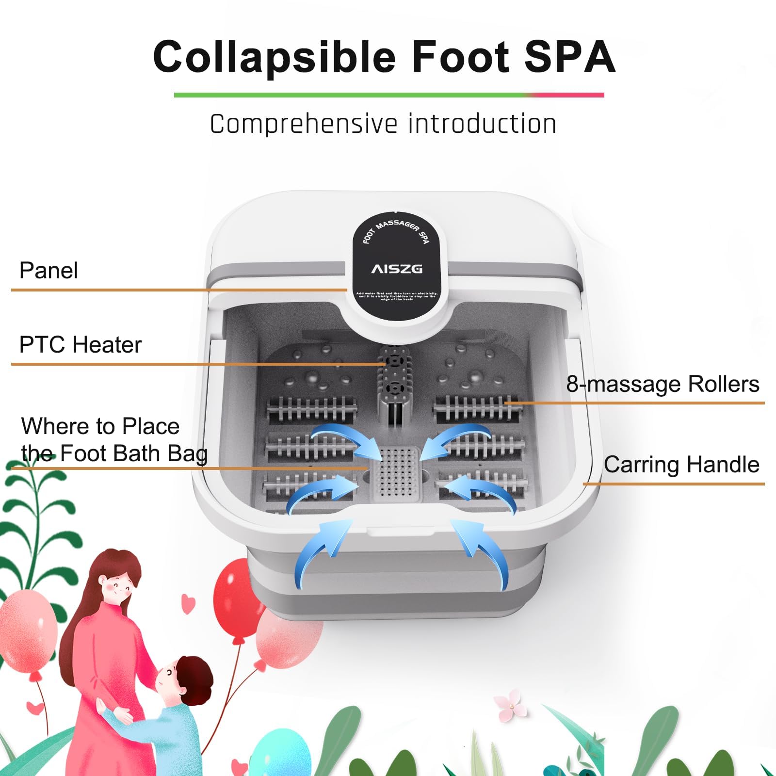 GILLAS Tina de Hidromasaje para Pies, Pedicure Spa para Pies, Control de Temperatura Electrica, Tina Pedicure con Pantalla Táctil Control de Temperatura de 45℃ Calor y Rodillo de Masaje