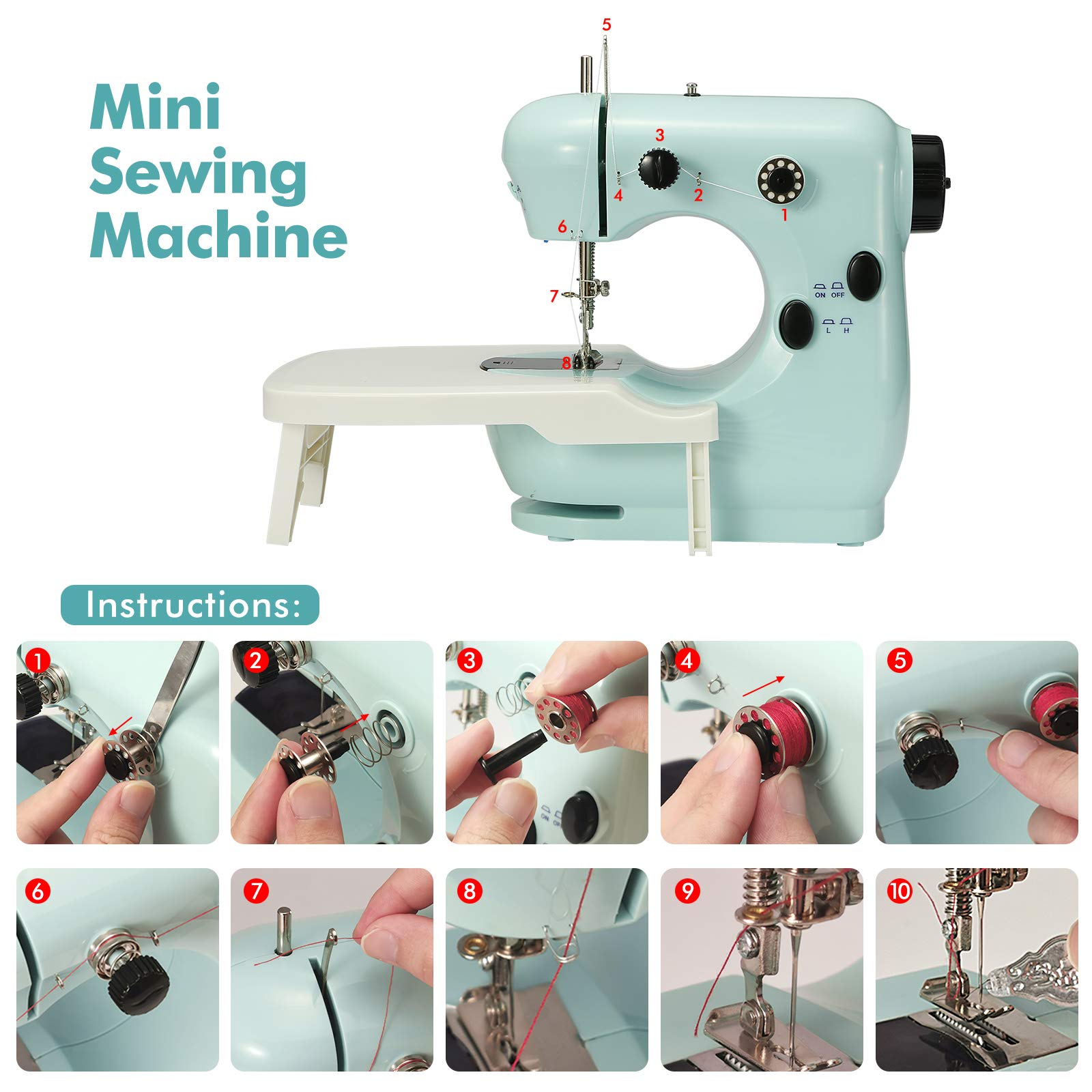 Maquina Portatil de Coser, Maquina de Coser mini de Coser Electrica Portátil Automático, Kit de accesorios de costura, Doble Velocidades Controlar Hilo Doble con Luz, para Ropa, Sábanas, Cremallera