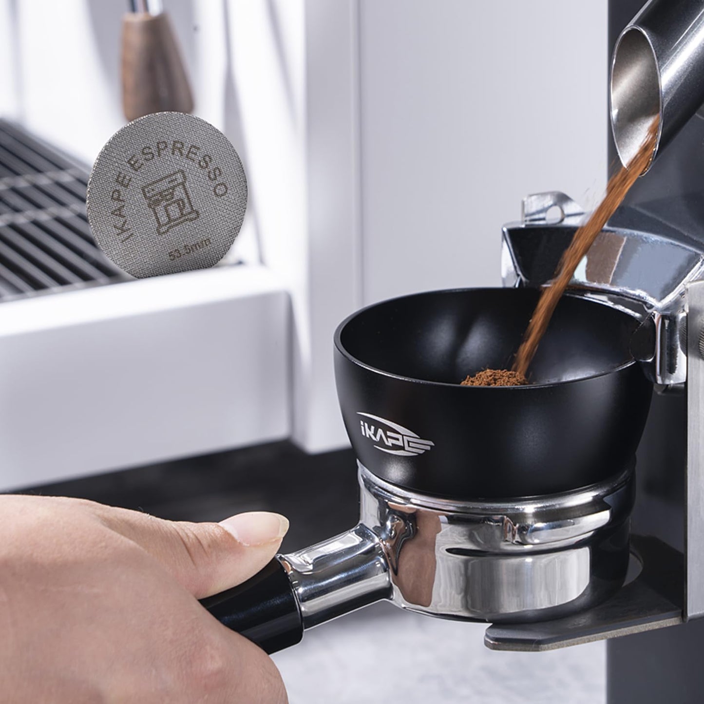 IKAPE Juego de Embudo Dosificador Magnético, Anillo Dosificador de Espresso Y Kit de Pantalla de Disco Compatible con Portafiltro Sin Fondo Breville de 54 mm, con 8 Imanes Pequeños 53Mm Negro