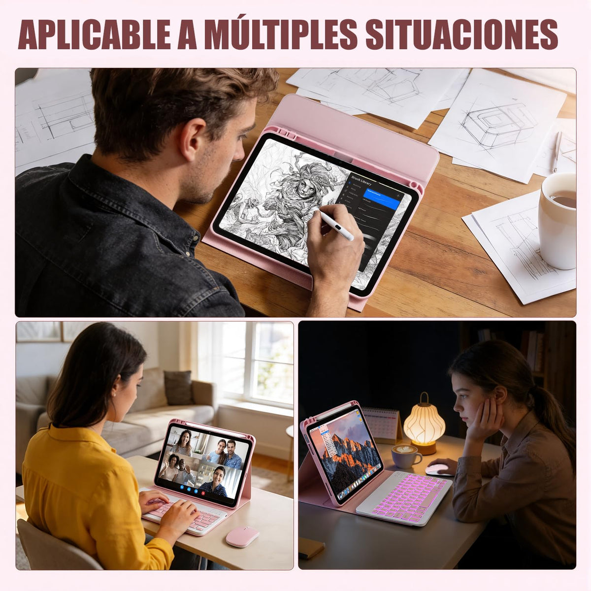 Funda Teclado iPad 10 y 11 Generación LUIOOXEIM Rosa Retroiluminación 7 Colores y Ratón para Mujer