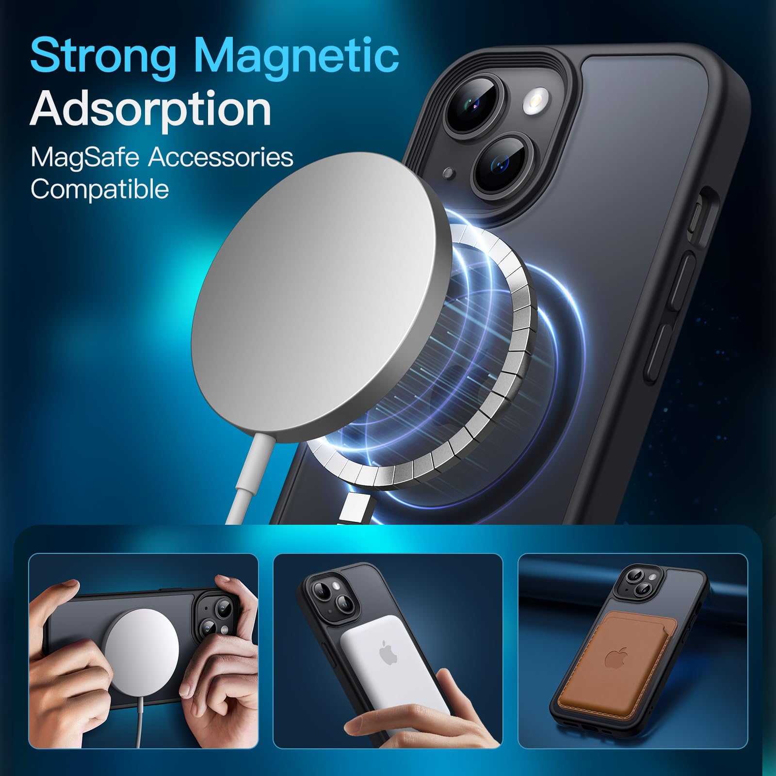 JETech 3 en 1 Funda Magnética para iPhone 13 6.1 Pulgadas con 2 Protectores Pantalla Mica Cristal Vidrio Templado, Compatible con MagSafe, Carcasa Mate Translúcida (Negro)